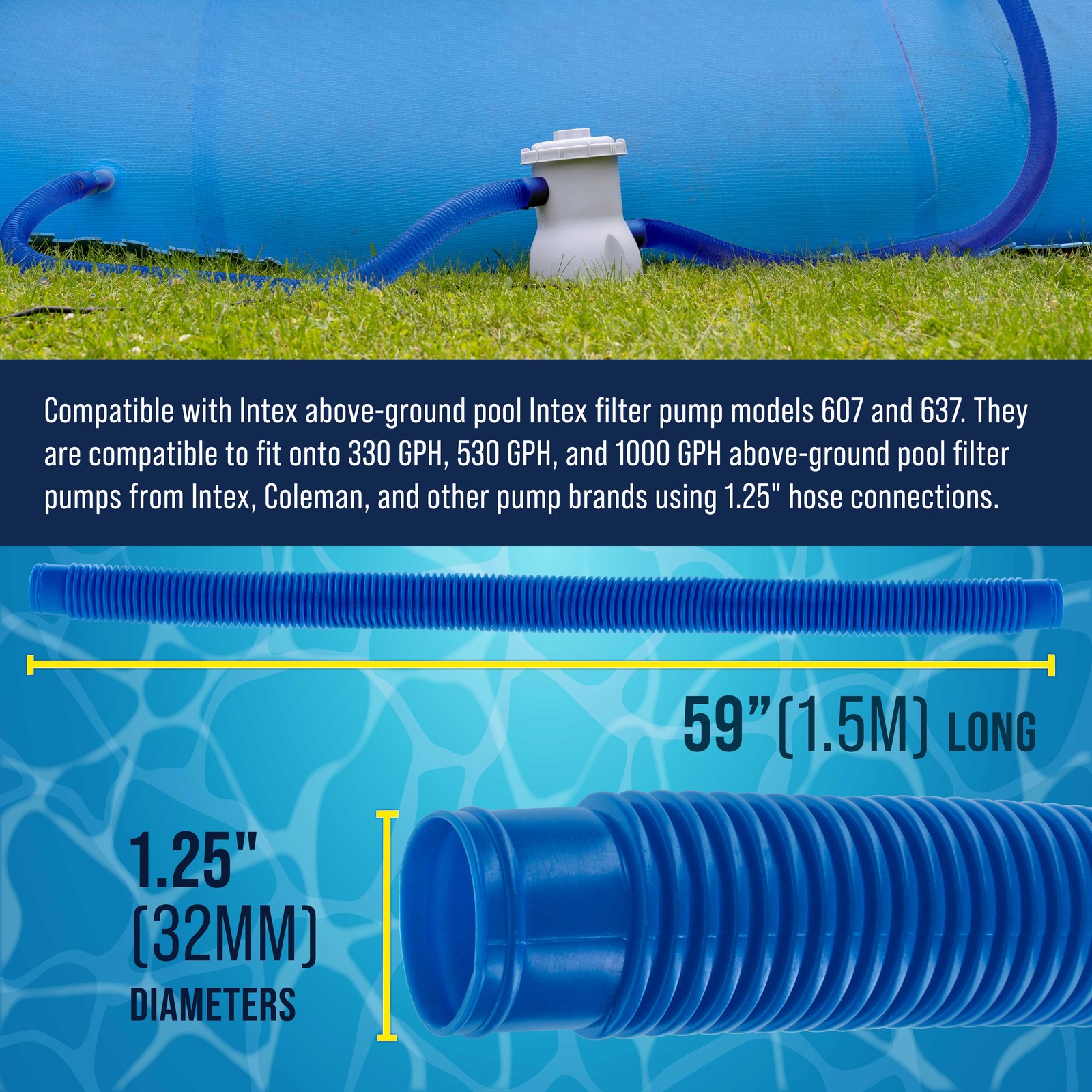 3 Pack of Blue Above Ground Pool Hose Replacement 1.25&Prime; Diameter x 59&Prime; Long