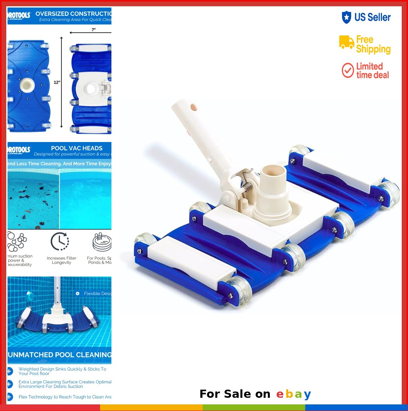 Pool Vacuum Head Weighted Rectangular 2.4 LB 1-1/4 1-1/2 Hose Swivel Wheels