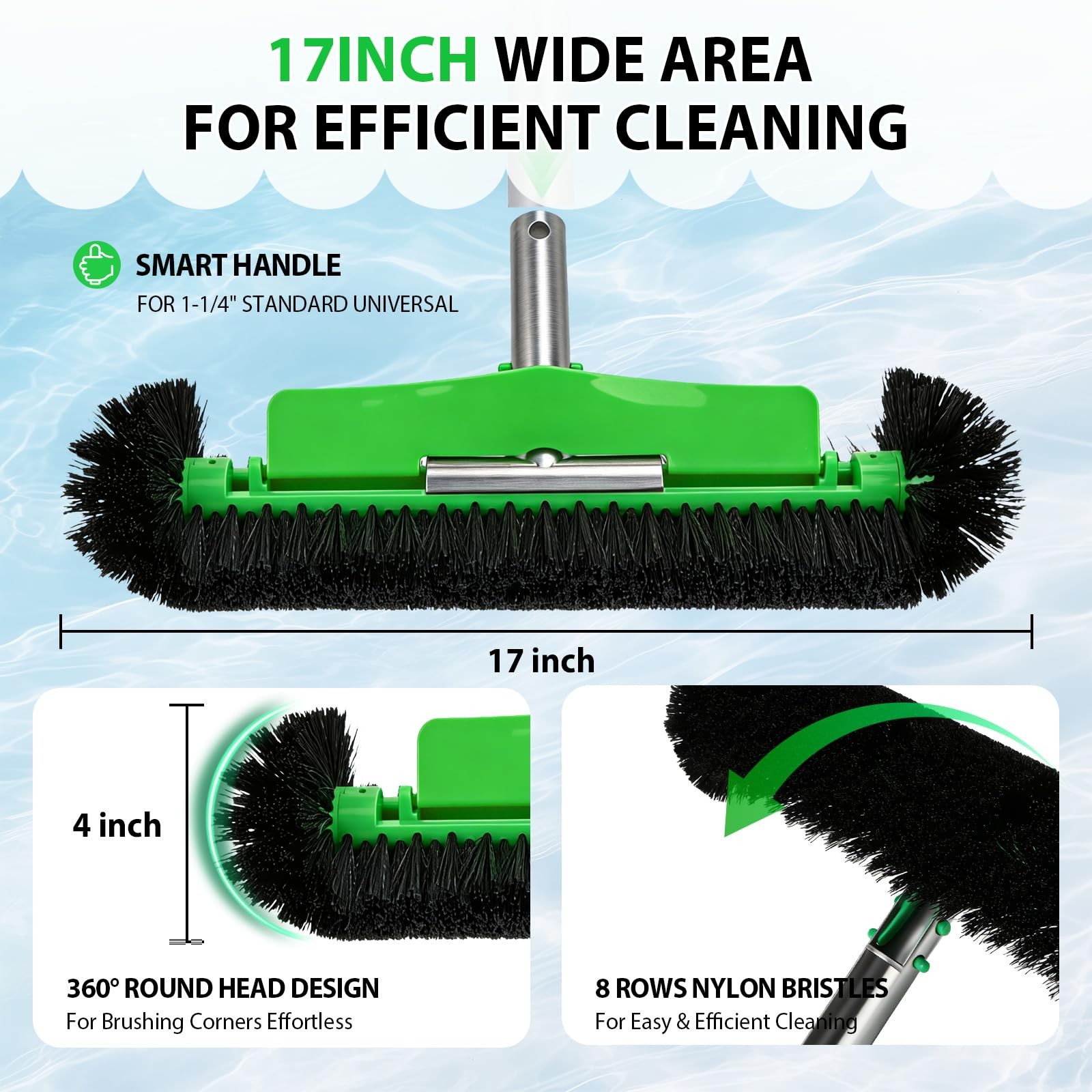 17.5&Prime; Heavy Duty Pool Brush for Inground & Above Ground Efficient Wall &