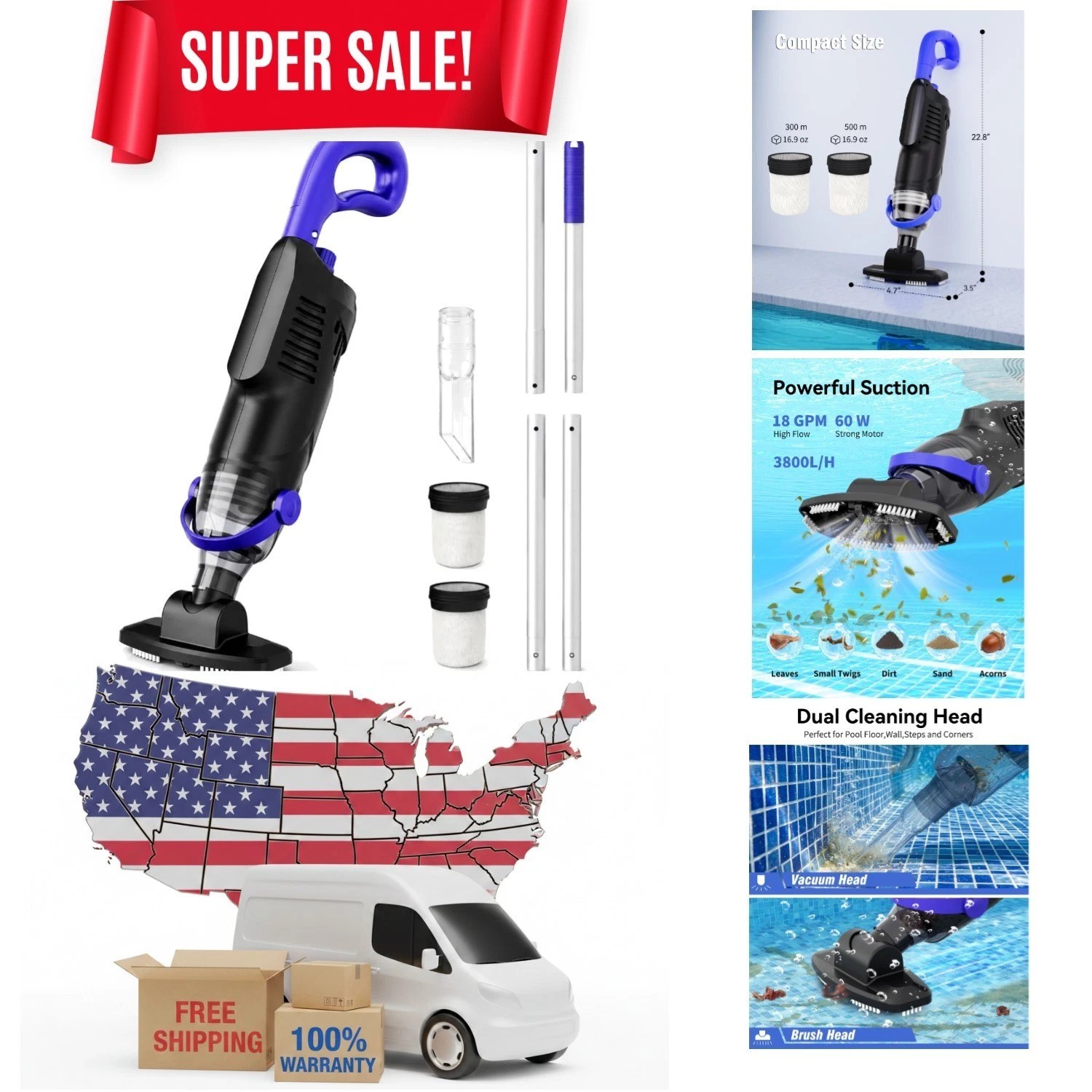 Upgraded Handheld Pool Vacuum with 3-Head System & 60 Min Rechargeable Runtime