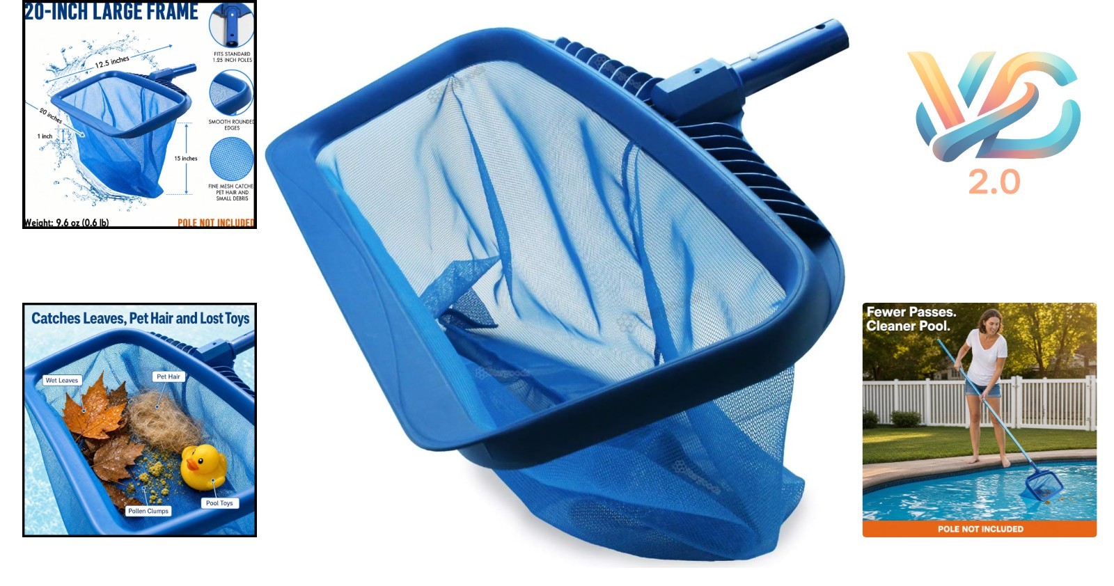 20-Inch Pool Skimmer Net Heavy-Duty Deep Mesh Leaf Rake for Inground Above Gr…