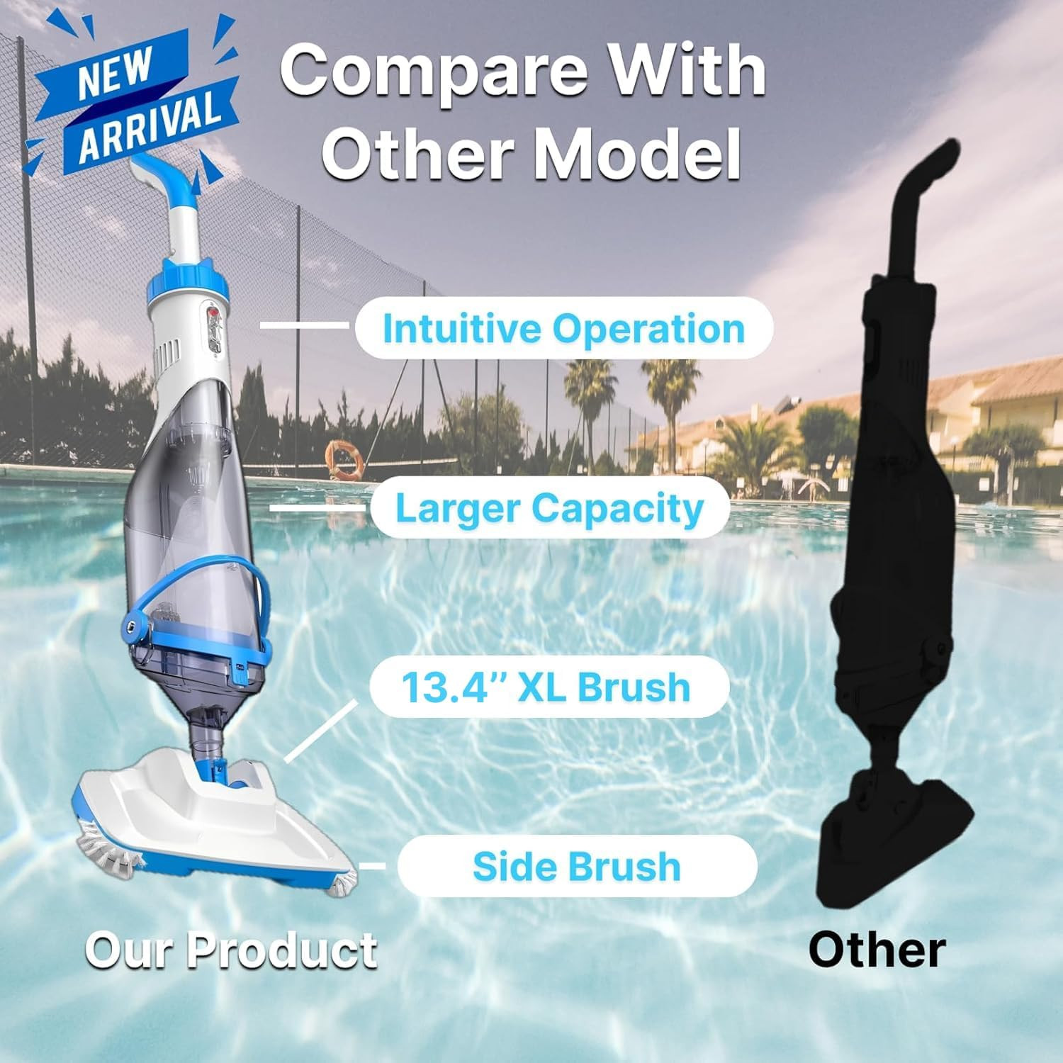 Cordless Pool Vacuum with Telescopic Pole, 60-Min Runtime, 18.5 GPM Suction