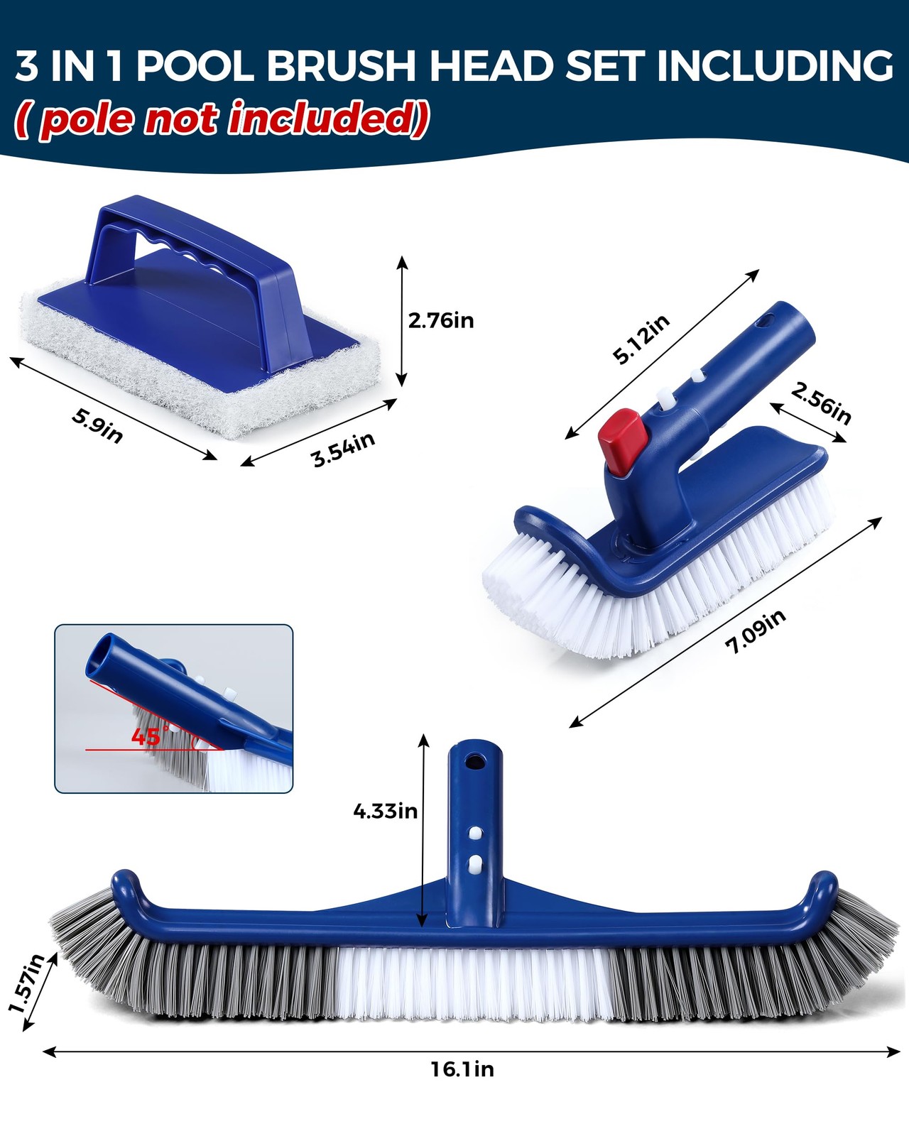 3-in-1 Full-Coverage Pool Brush Head Set – 17.5 inches, Blue, White, Grey