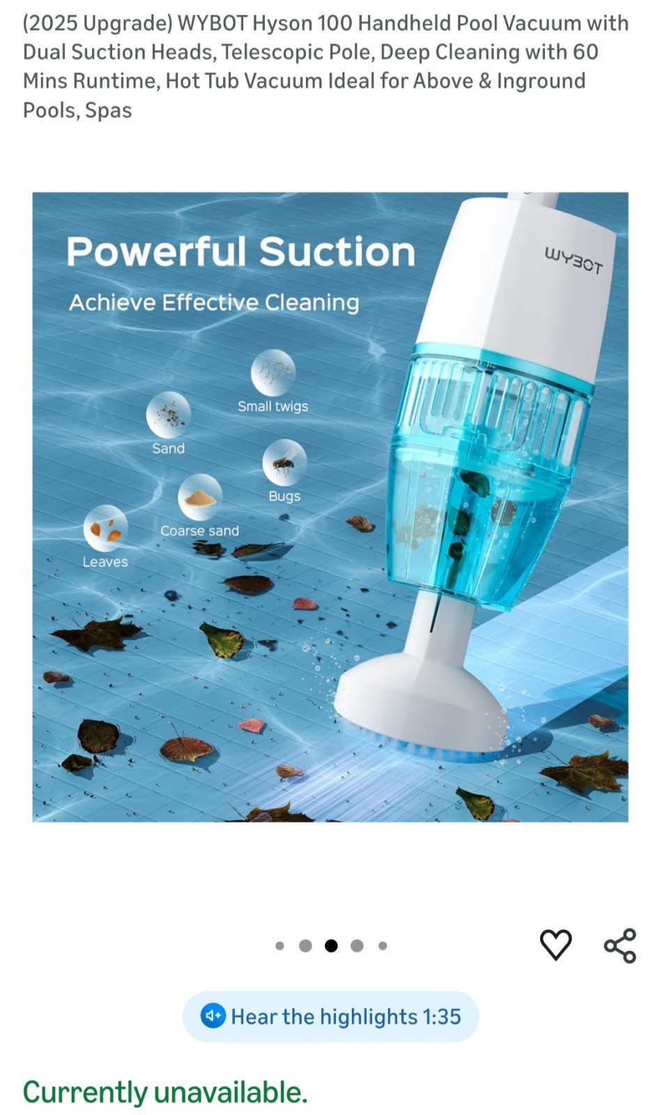Handheld Pool or Hot Tub Vacuum – Cordless- long battery life