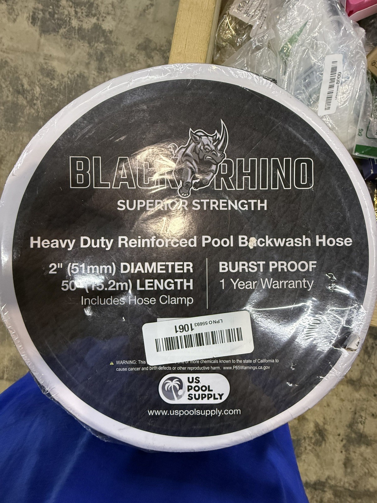 U.S. Pool Supply Black Rhino 2&Prime; x 50&prime; Pool Backwash Hose with Hose Clamp