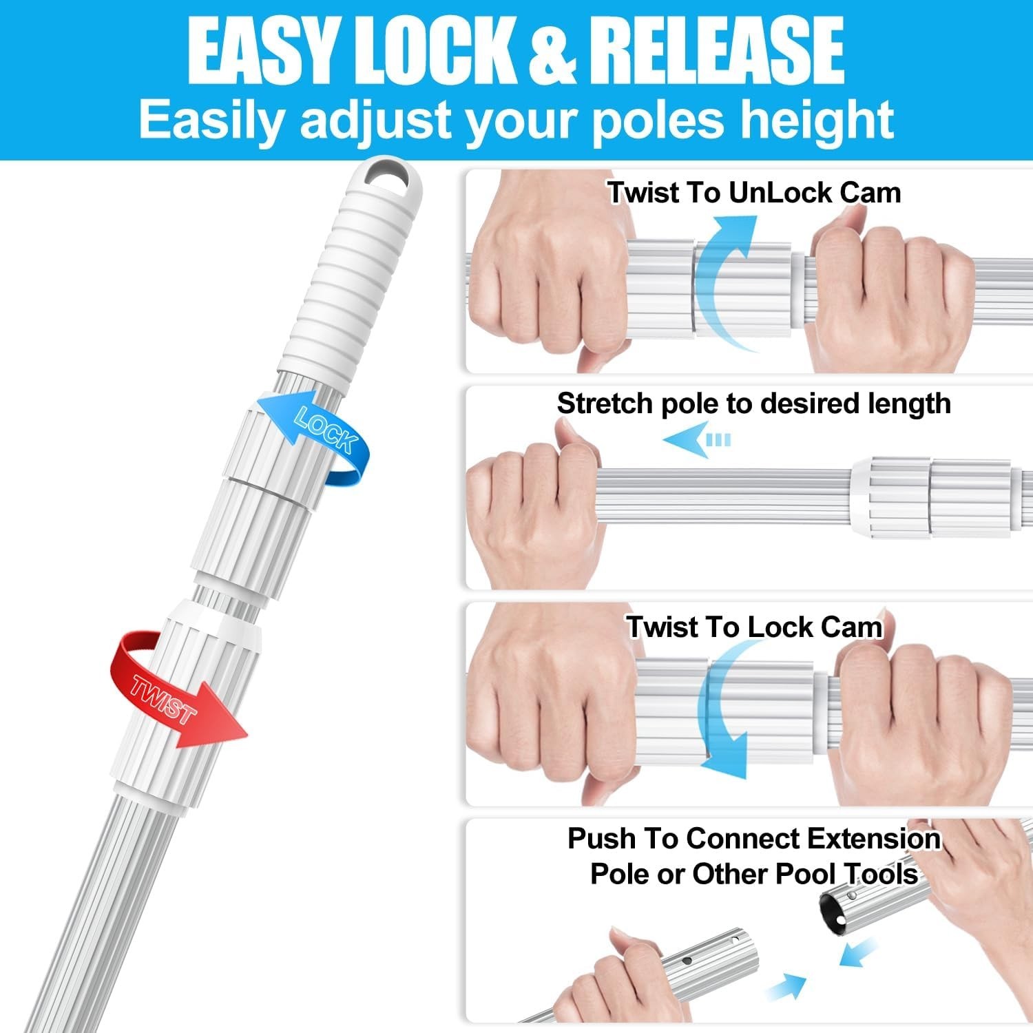 Extended 15 Foot Telescopic Pool Pole Sturdy Design for Efficient Cleaning