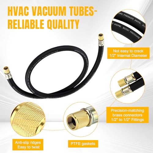 HVAC Refrigerant Charging Vacuum Hose, 6 ft, 800 PSI 1/2&Prime; to 1/2&Prime; Fittings