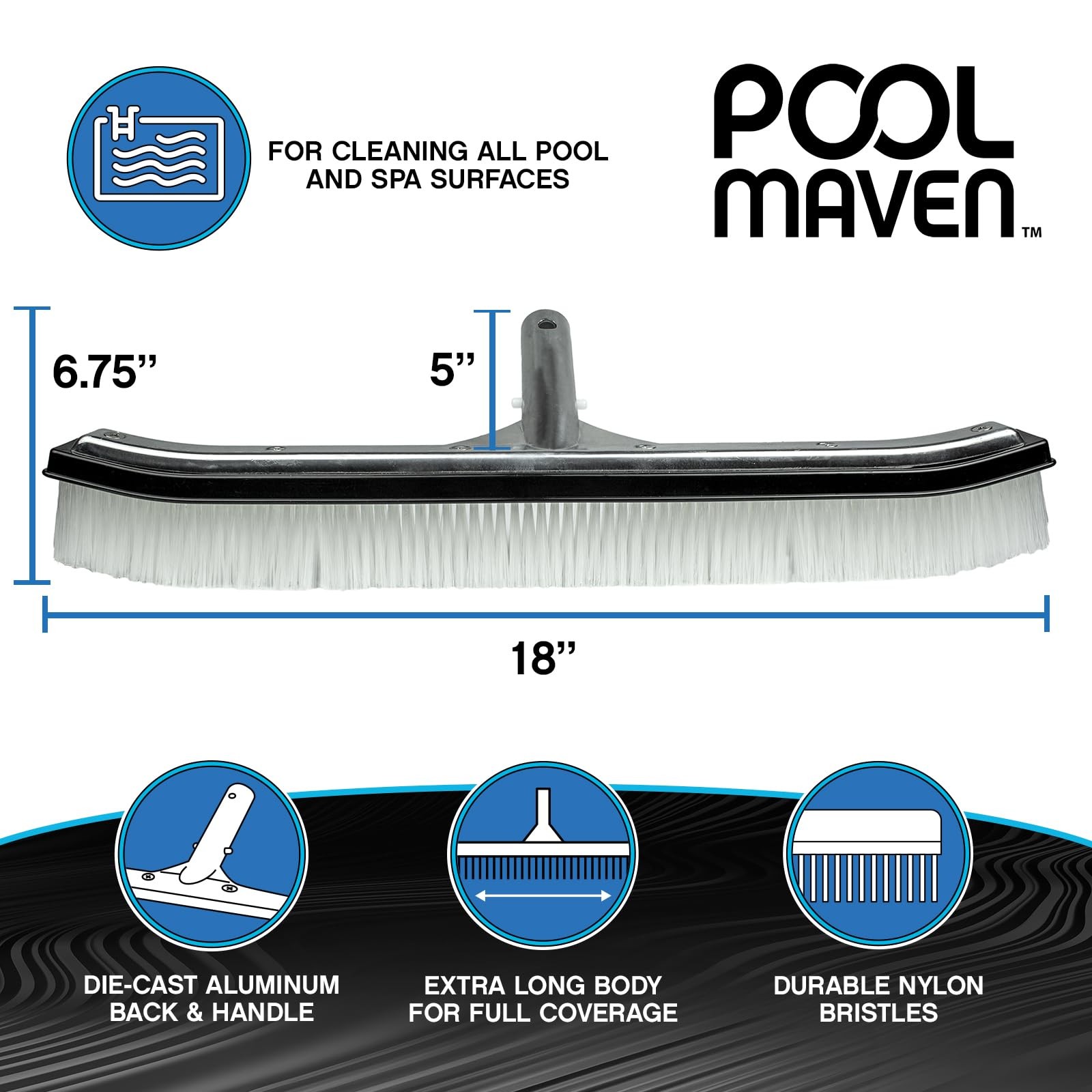 18Inch Pool Wall Brush Aluminum Back, Nylon Bristles for Inground Pools