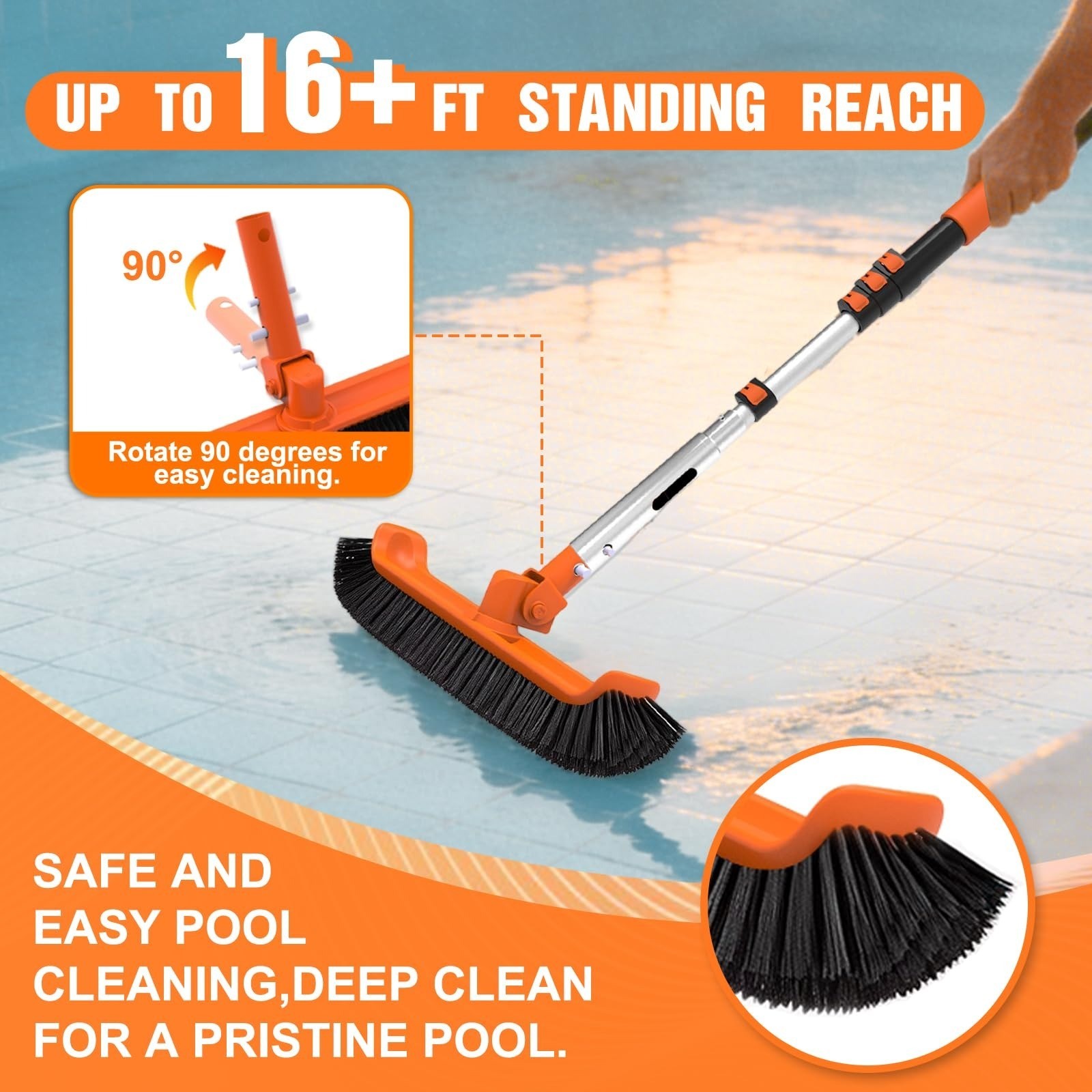 LAANPOLE 16FT Telescopic Pool Brush with Heavy Duty Pole for Cleaning