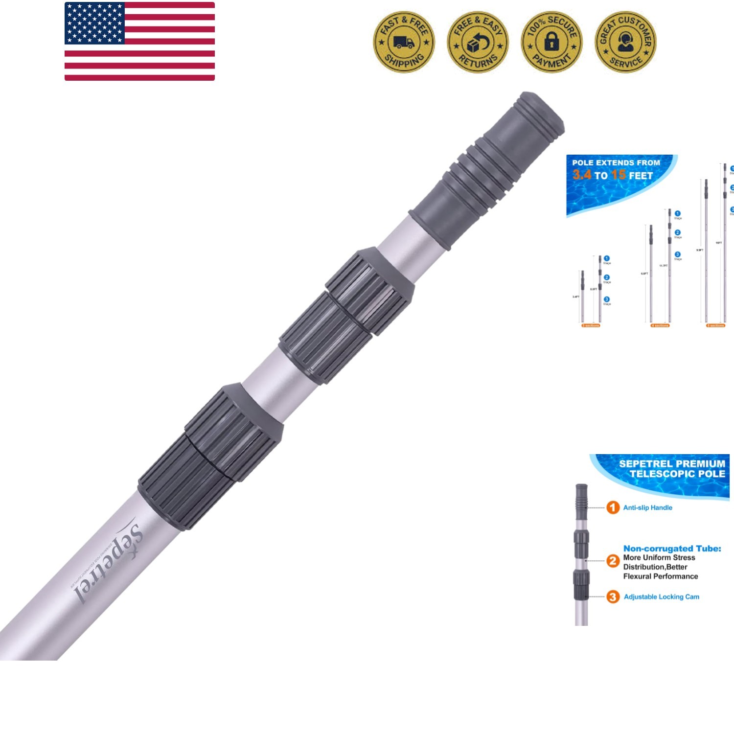 Pool Pole – Professional 15 Foot Telescoping Swimming Pool Cleaning Poles,Adj…