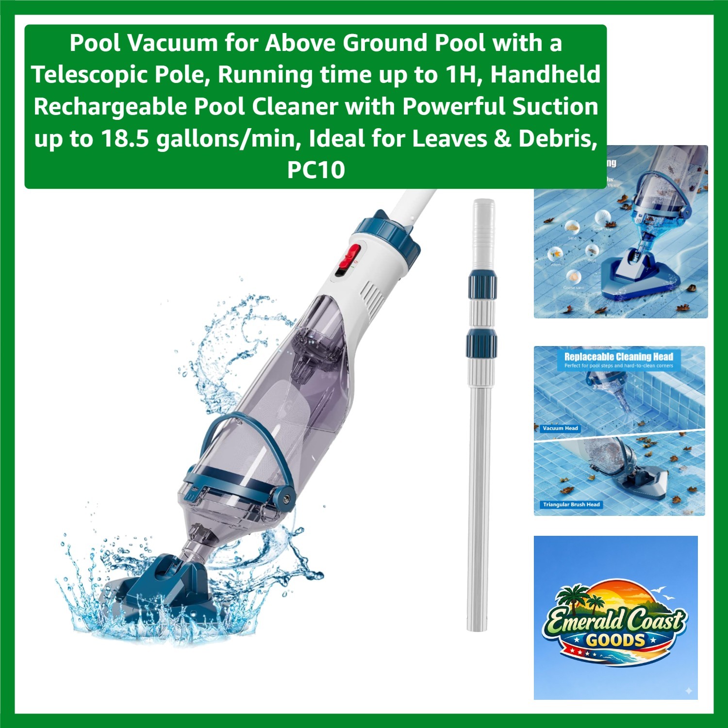 Cordless Pool Vacuum Cleaner PC10: Rechargeable, Powerful Suction up to 18.5 GPM