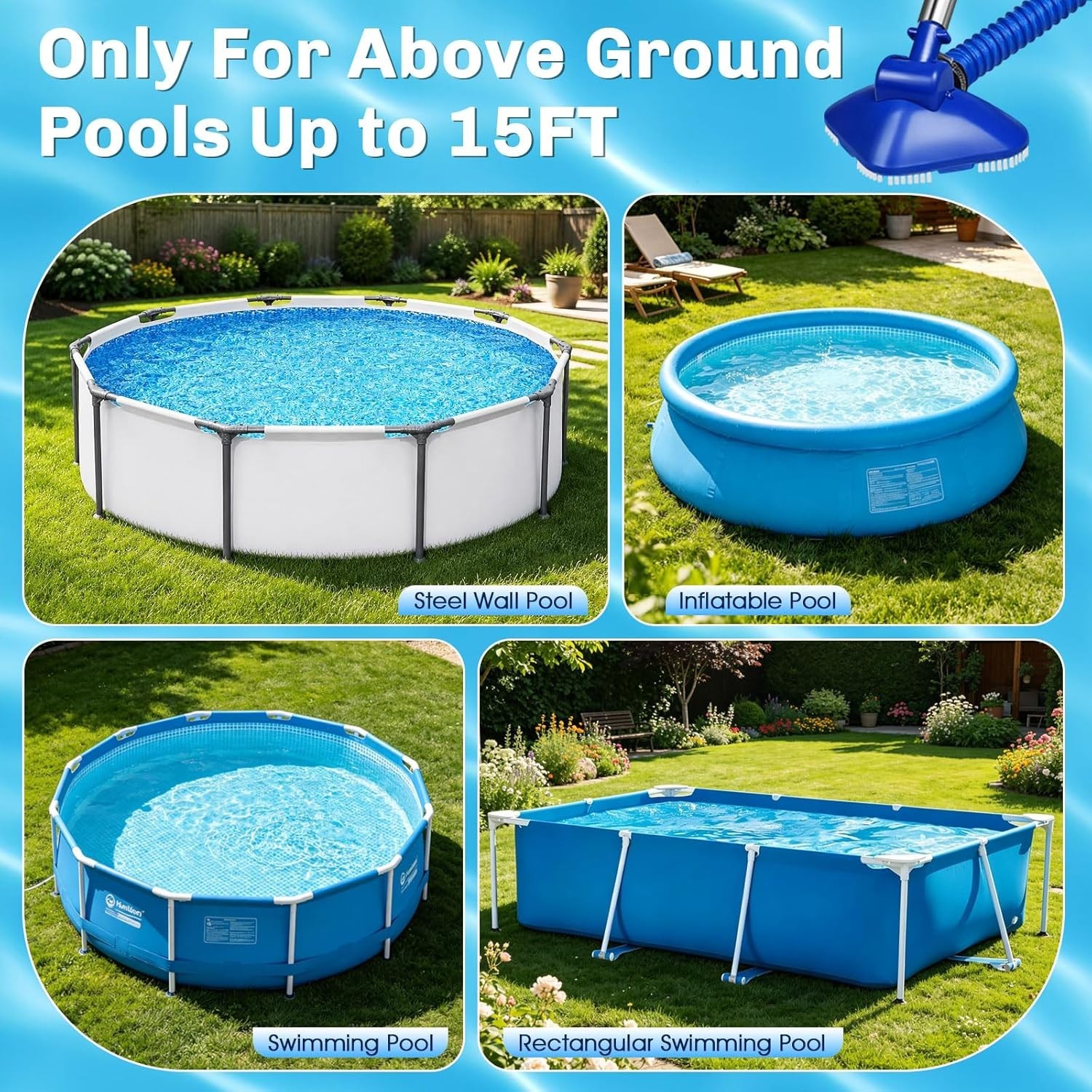 Manual Pool Vacuum Cordless Telescopic Pipe Inlet Strainer Attaches Above Ground