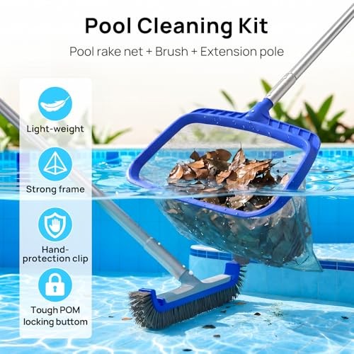 3-in-1 Pool Cleaning Kit – Leaf Rake Net, Wall Brush & Pole – 3PCS