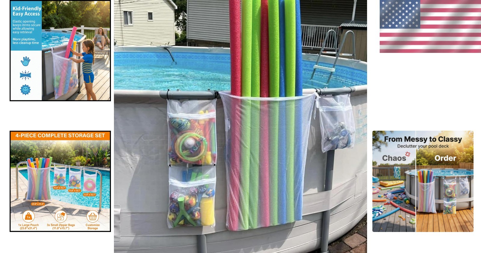 4-Pack Mesh Storage Bags for Pool Noodles, Toys & Floats – Lightweight Elegance