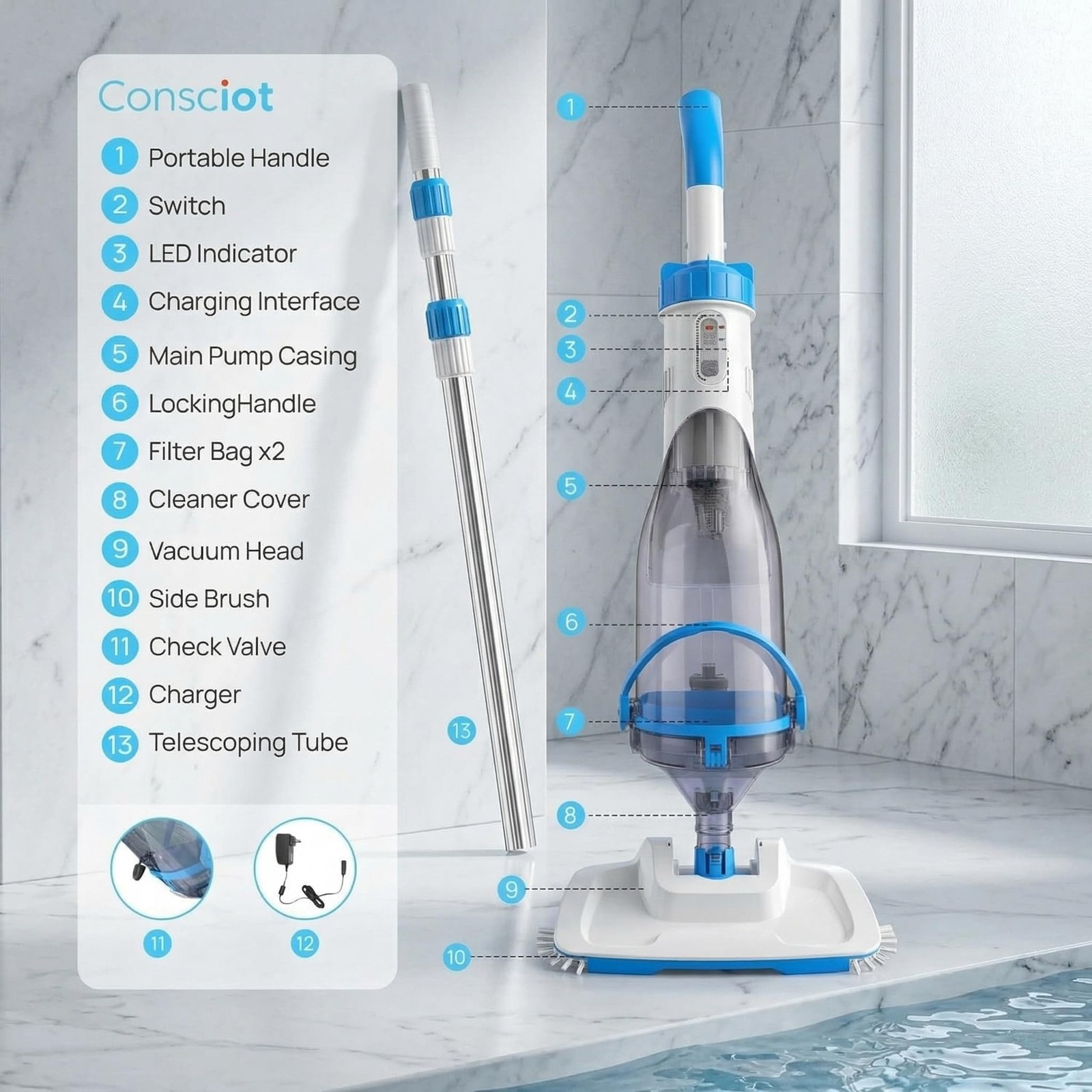 Pool Vacuum for Above Ground Pool & Inground Pool, Rechargeable Handheld Clea…