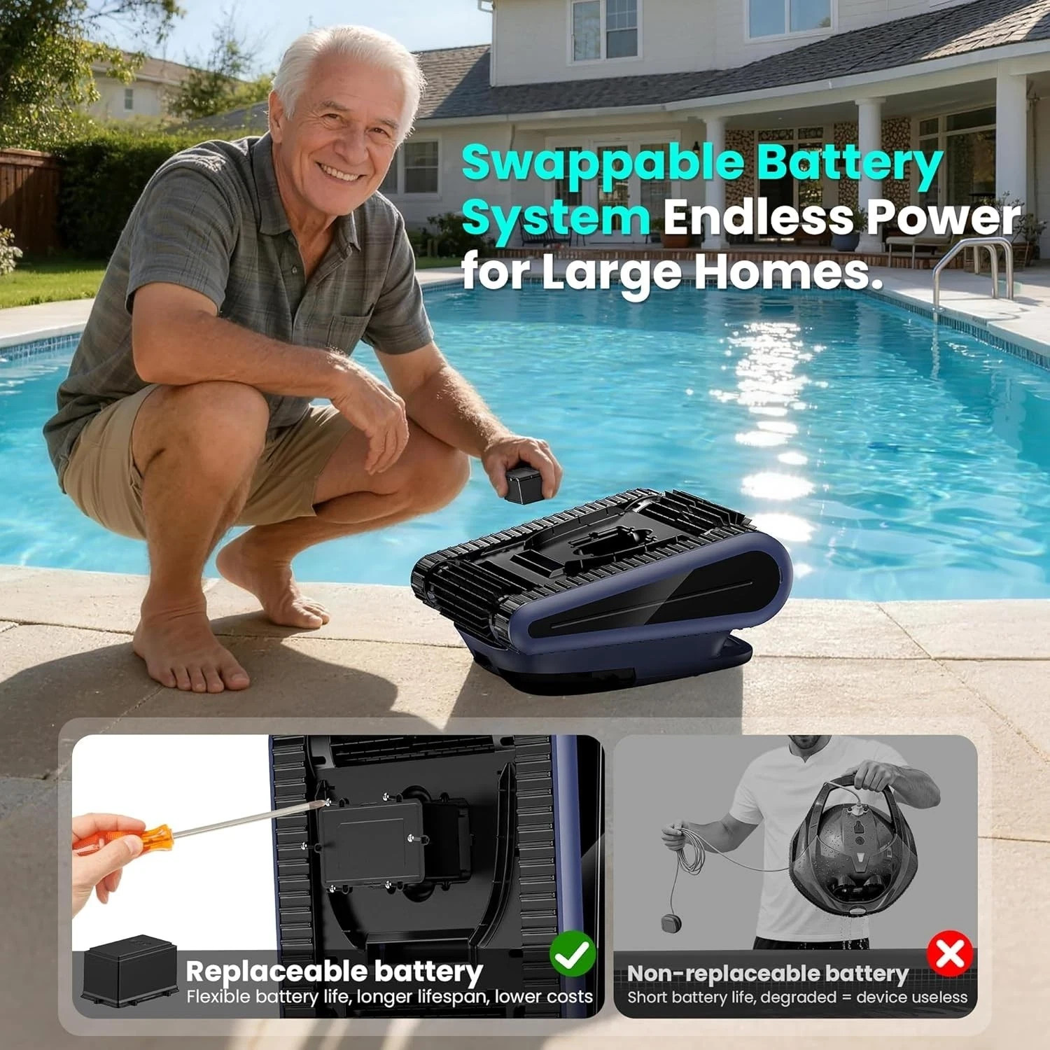 Seauto Cordless Robotic Pool Vacuum Cleaner Wall- Waterline Cleaning App Support