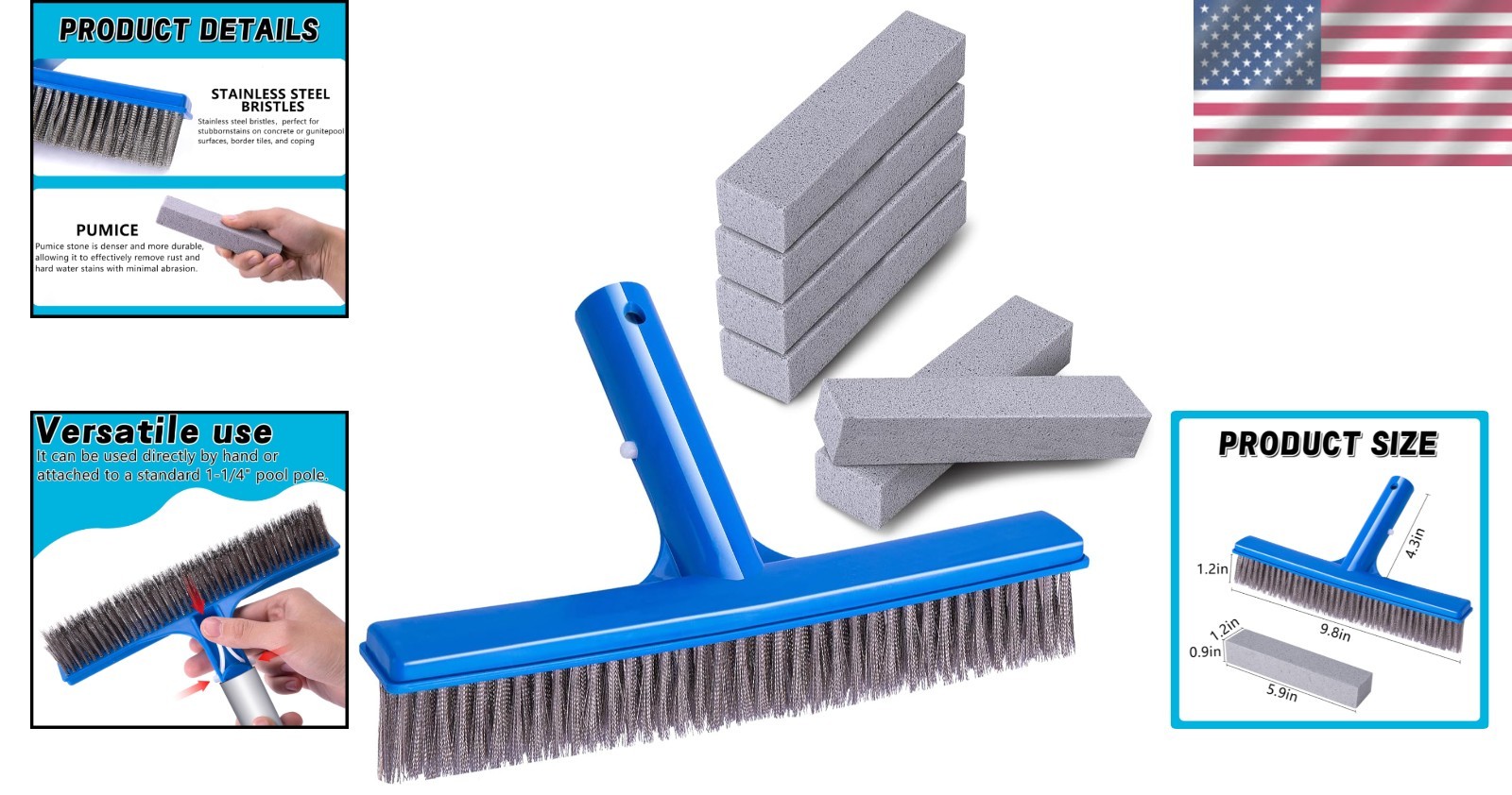 7-Piece Pool Cleaning Kit: Stainless Steel Brush & Pumice Stones for Deep Clean