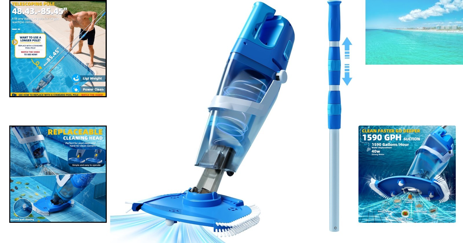 Powerful Cordless Pool Cleaner – Dual Heads, Telescopic , Waterproof Design