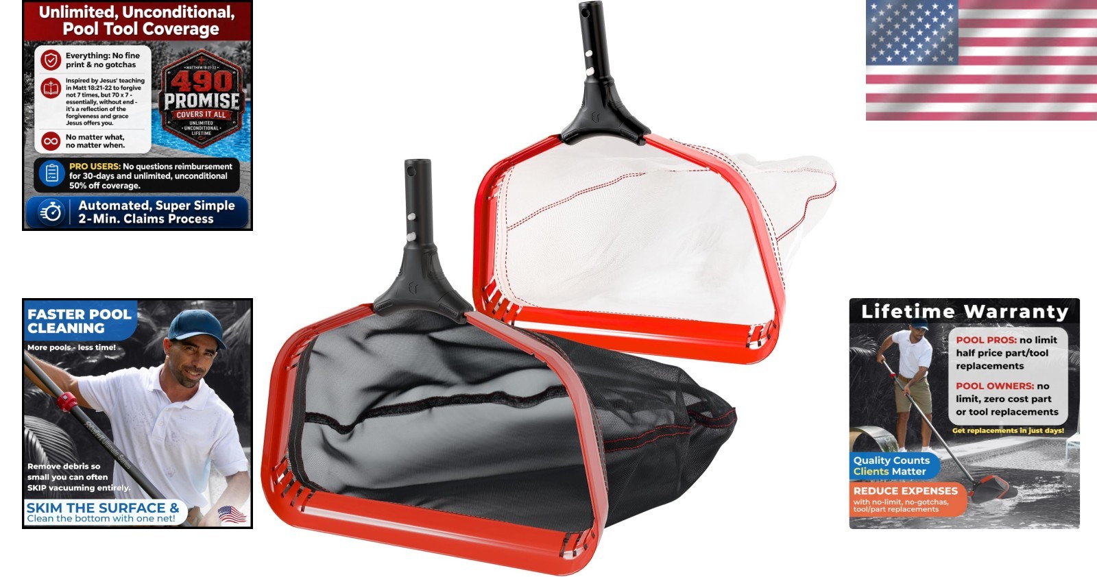 Durable Pool Rake Bundle: 23&Prime; Medium & 17&Prime; Fine – Unconditional Lifetime Promise