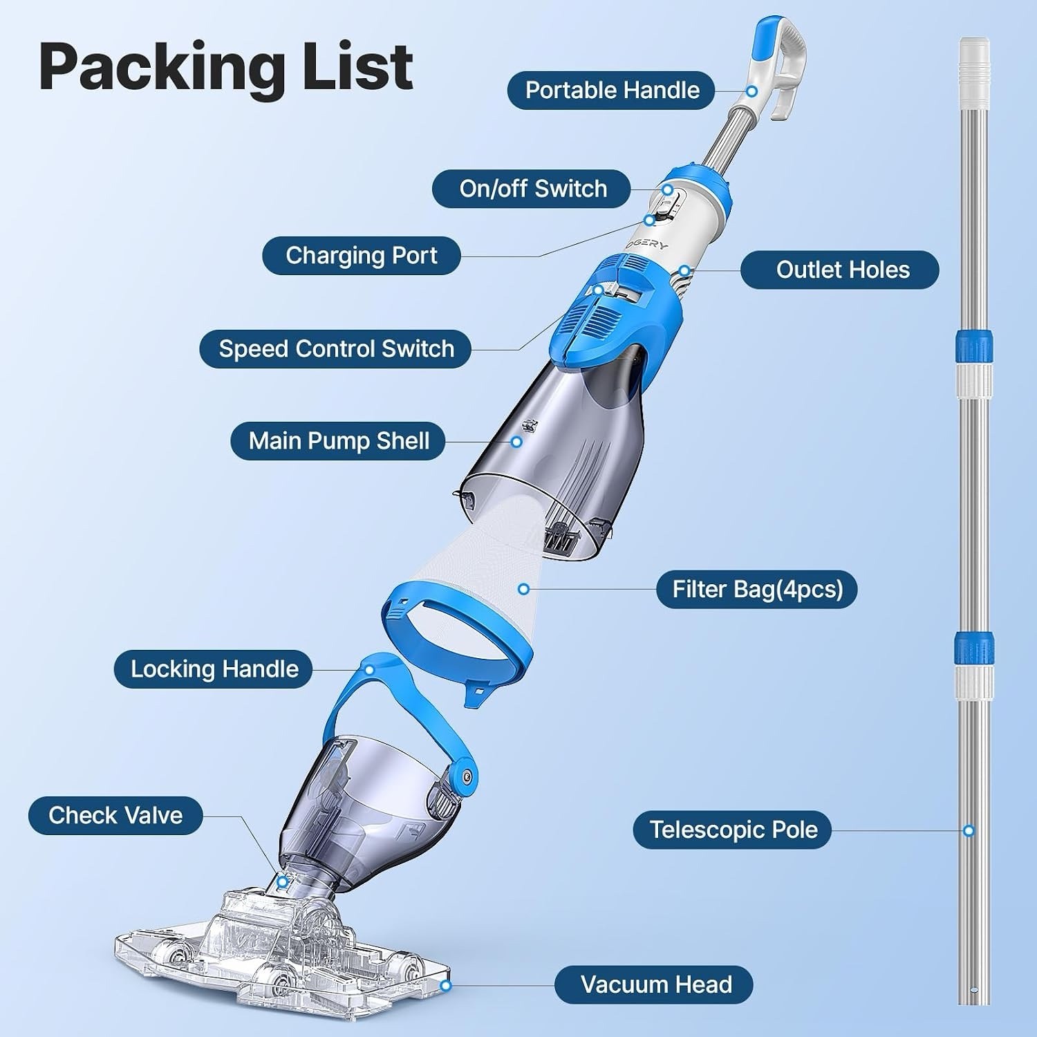 Cordless Pool Vacuum, 40W Strong Suction 18.5 GPM, 60 Mins Runtime, Pool Cleaner