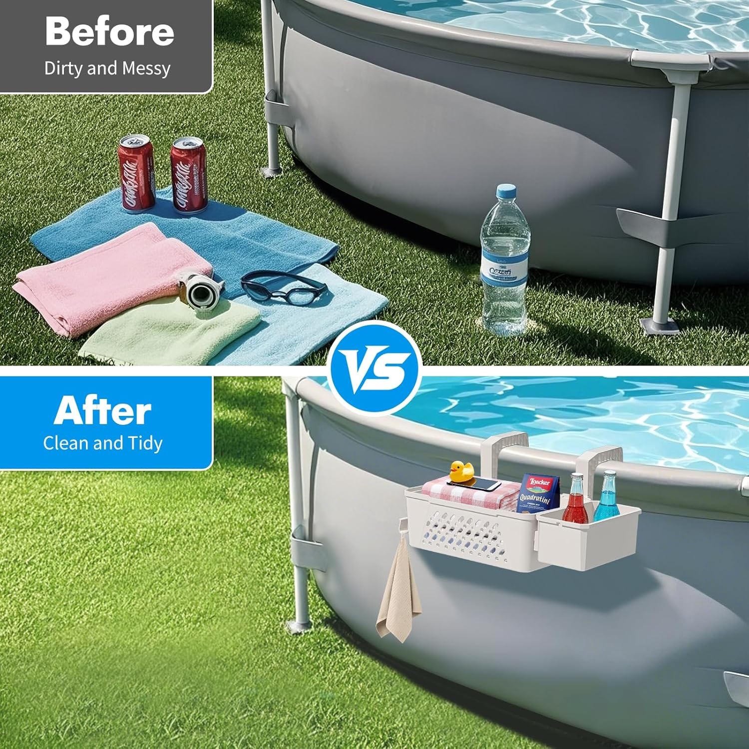 Pool Storage Basket 2 Pack with Cup Holders Hooks Organizer Above Ground Pool