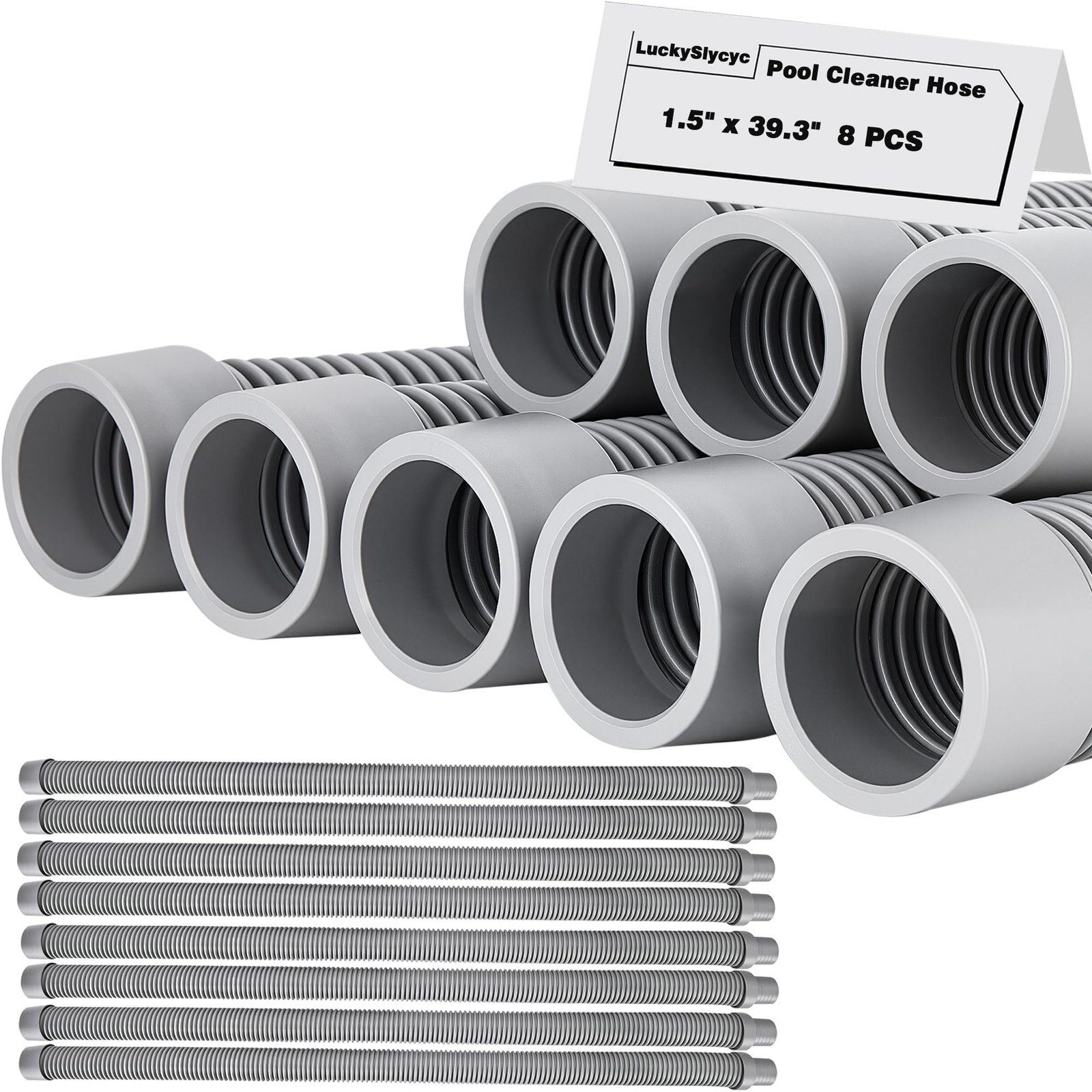 Pool Cleaner Hose Replacement – 1.5 Inch 8-Piece Universal 26 feet, Gray