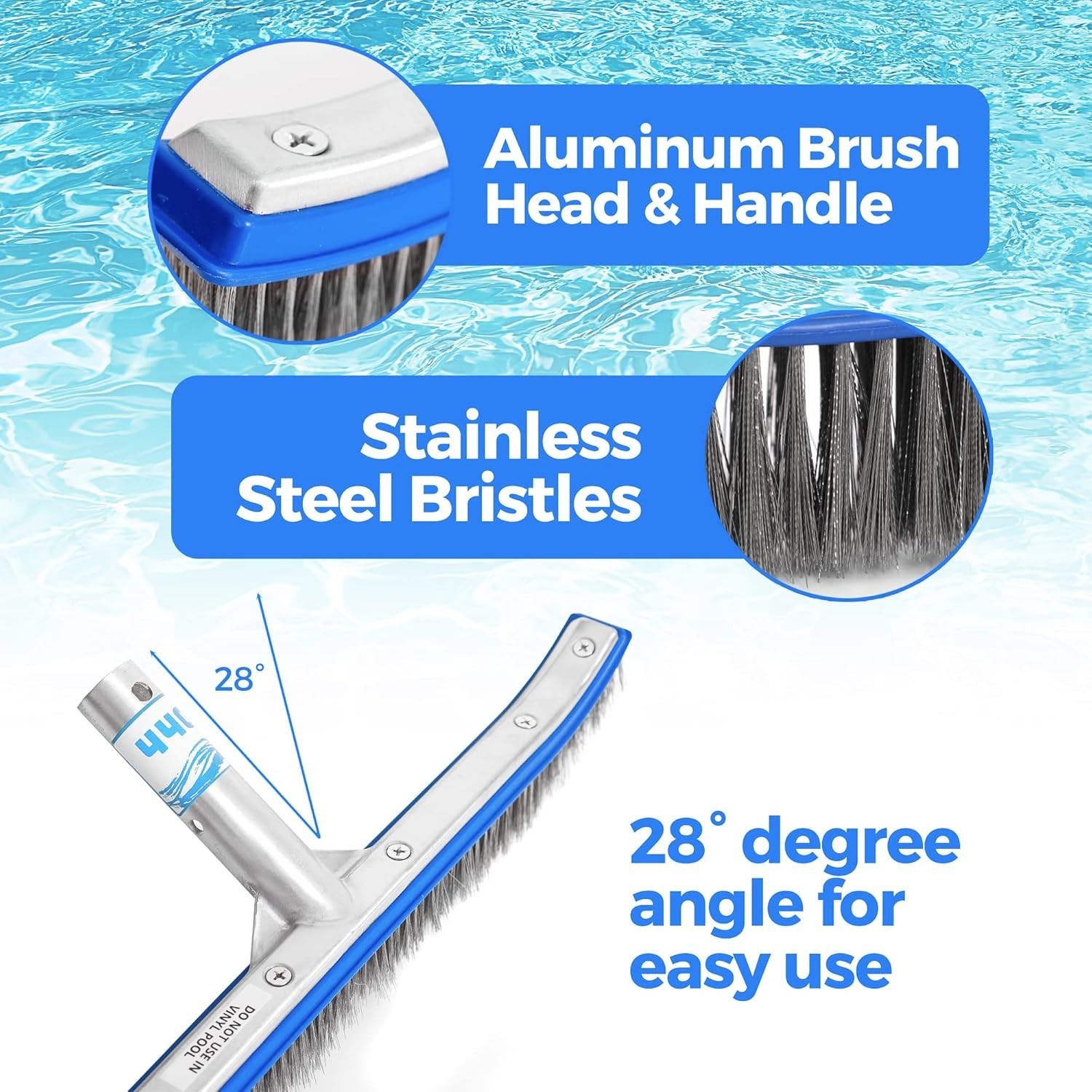 Heavy Duty 18-Inch Stainless Steel Pool Brush for Walls, Floor, Tiles, Steps