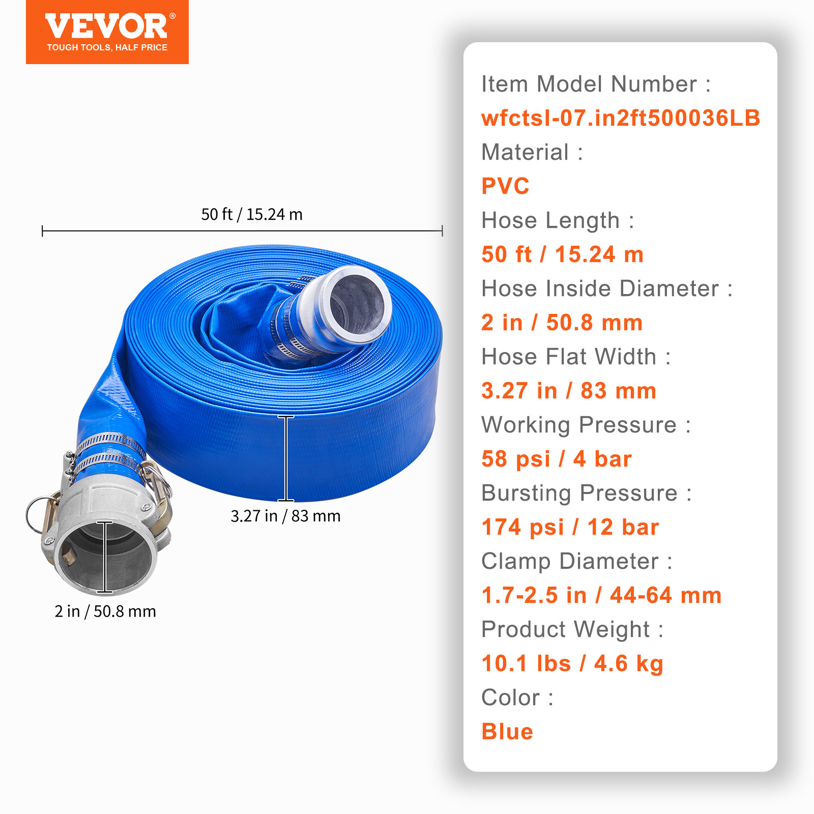 VEVOR Backwash Hose PVC Discharge Hose 2 in x 50 ft with Camlock C & E Fittings