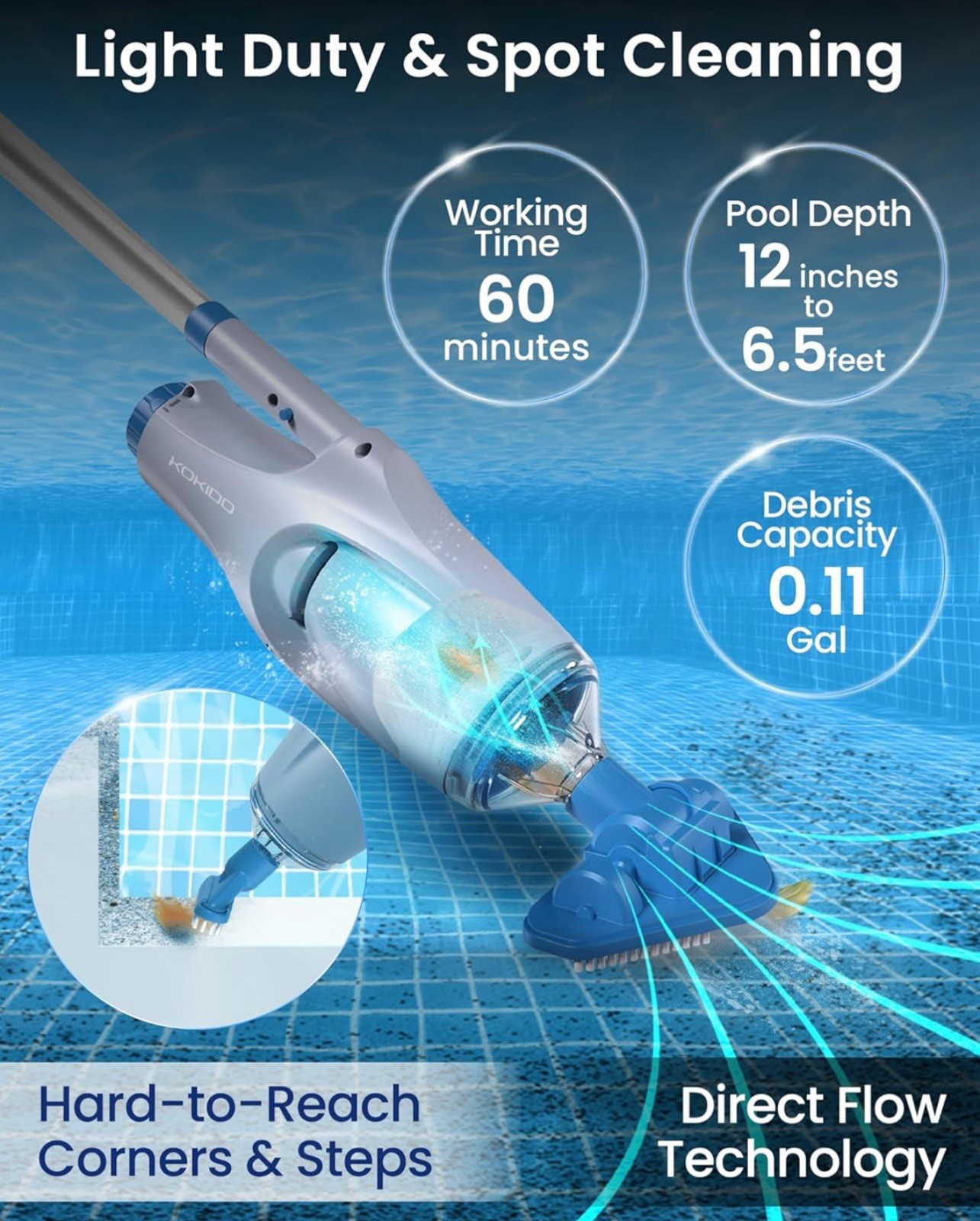 KOKIDO 2025 upgrade Rechargeable Handheld Pool Vacuum Aluminum Pole and 2 Brush