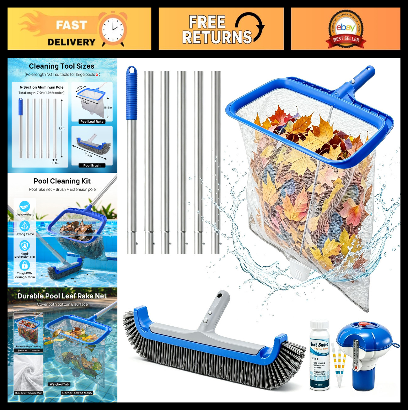 5-in-1 Pool Cleaning Kit – Leaf Rake, Wall Brush, Aluminum Pole, Chlorine Dispen
