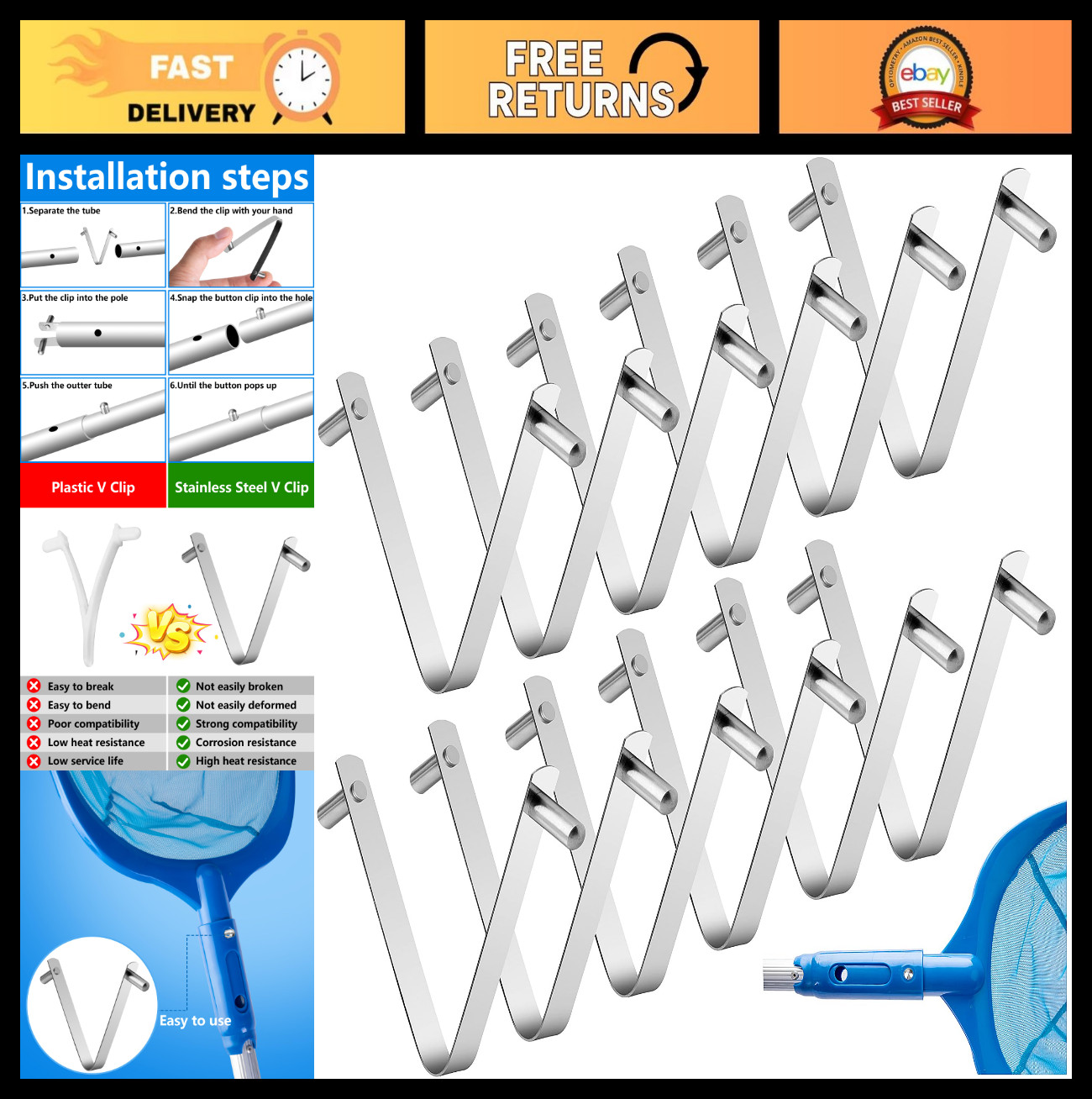 12 Pcs Stainless Steel Pool Pole Clips – Universal V-Clip for Telescopic Rods &