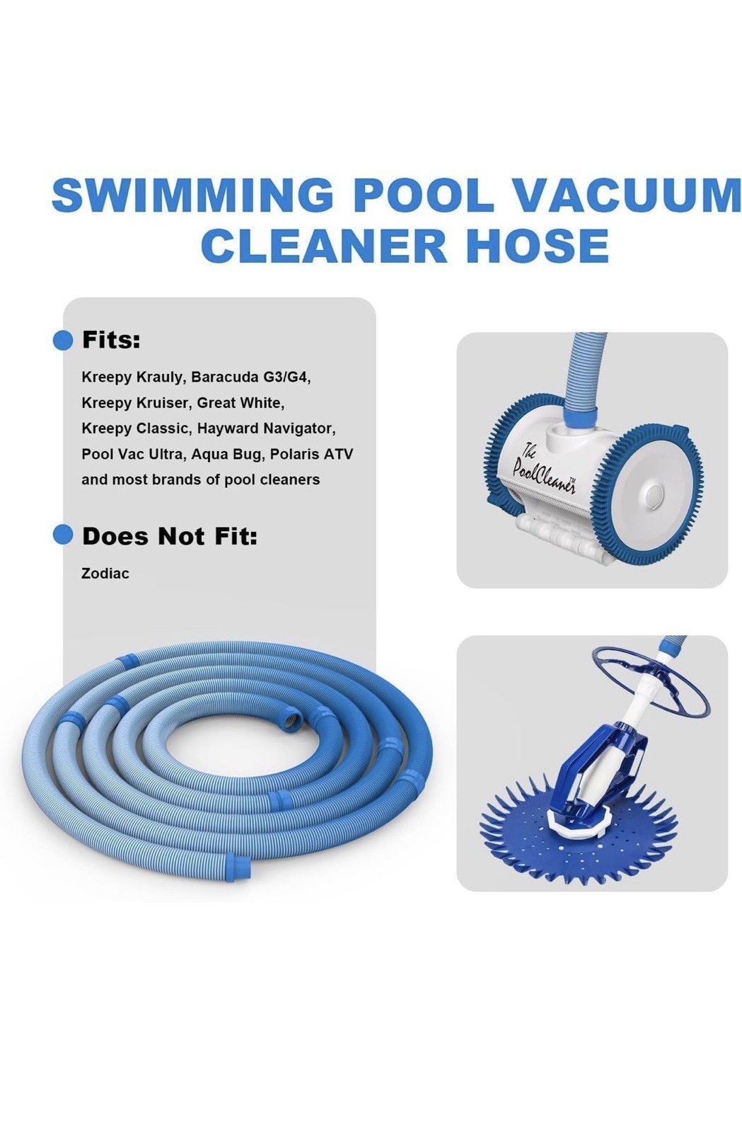 Pool Vacuum Hose 40 Feet (12 x 40 Inch), 1.5 Inch Cuffs, Compatible with Most