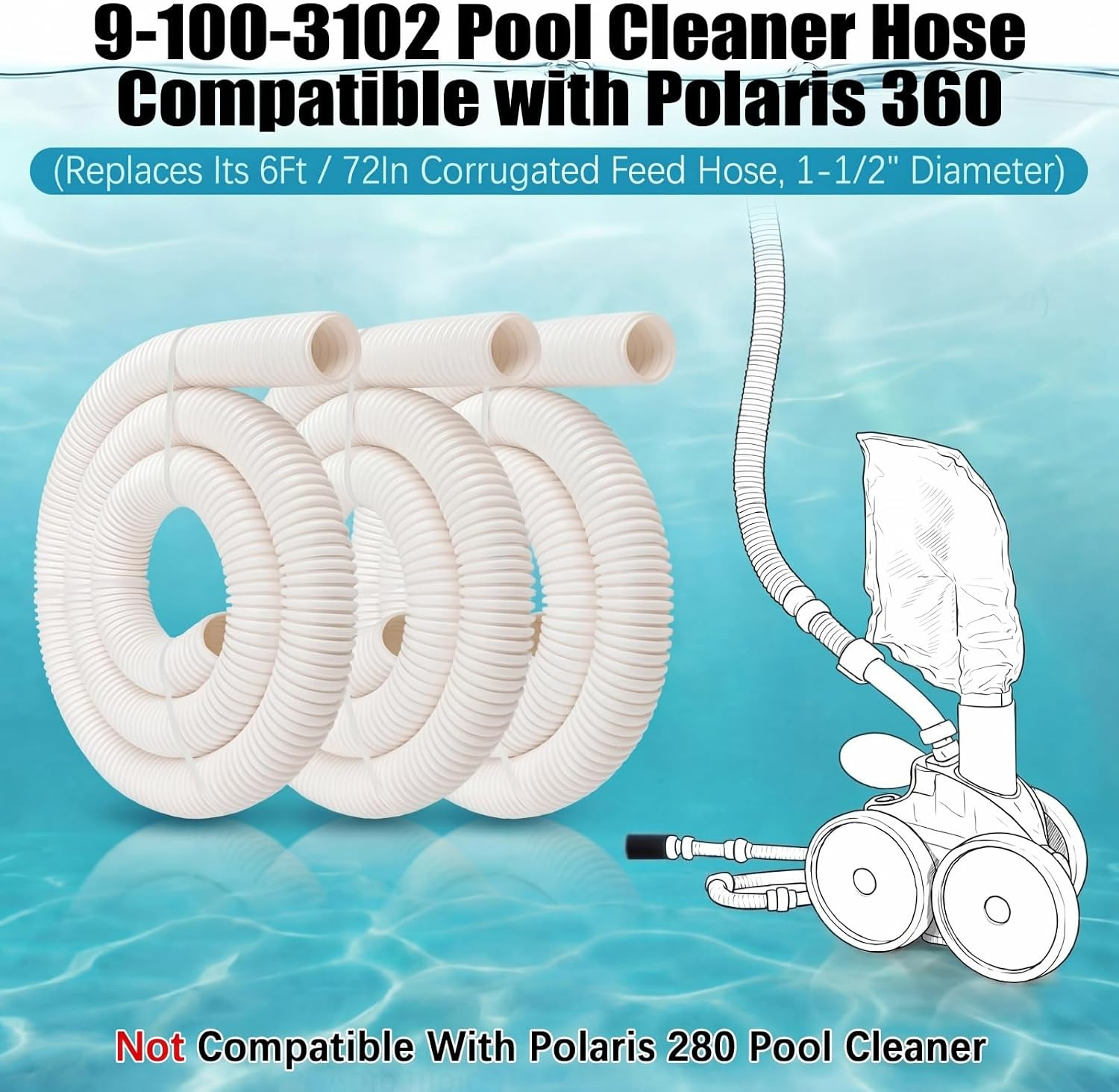 3 Pack 9-100-3102 Replacement Pool Hose Compatible with Polaris 360, 6-Ft Cuffle