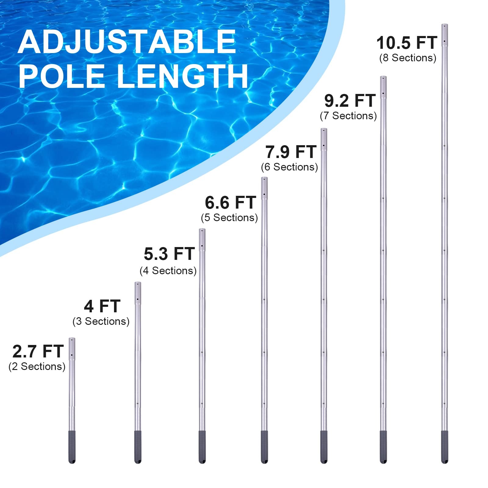 10.5ft Anodized Aluminum Pool Cleaning Pole for Skimmer Net & Vacuum Head