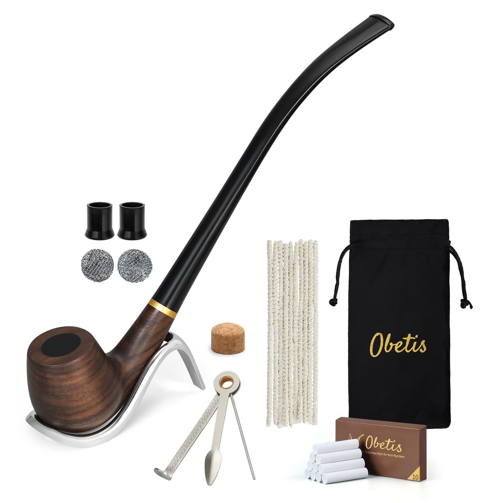 Obetis Ebony Tobacco Pipe Set – Elegant Churchwarden Style Long Dark Brown