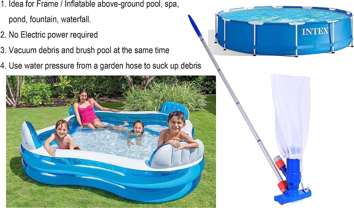 Pool Spa Jet Vacuum Cleaner W/ Brush & 4&prime; Poles For Above-ground Pool, Spa