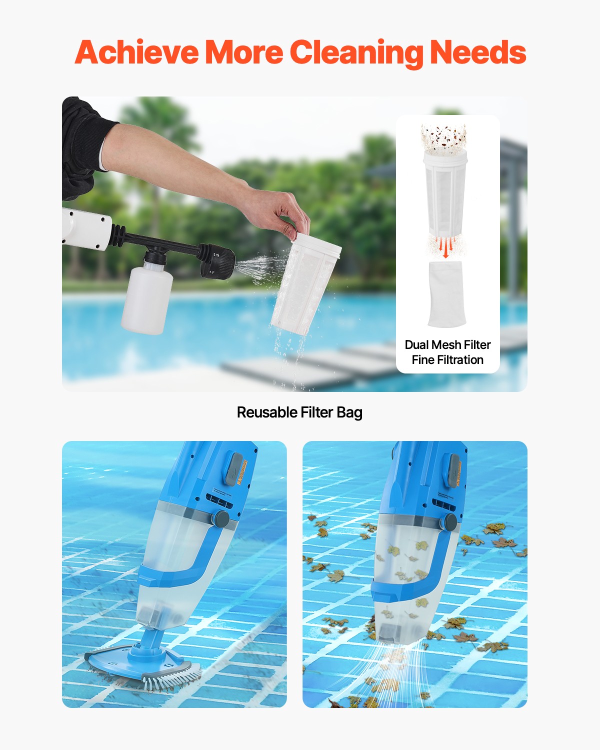 Pool Vacuum Suction/8.5/26GPM Rechargeable Pool Cleaner w/ Hose/Extension Pole