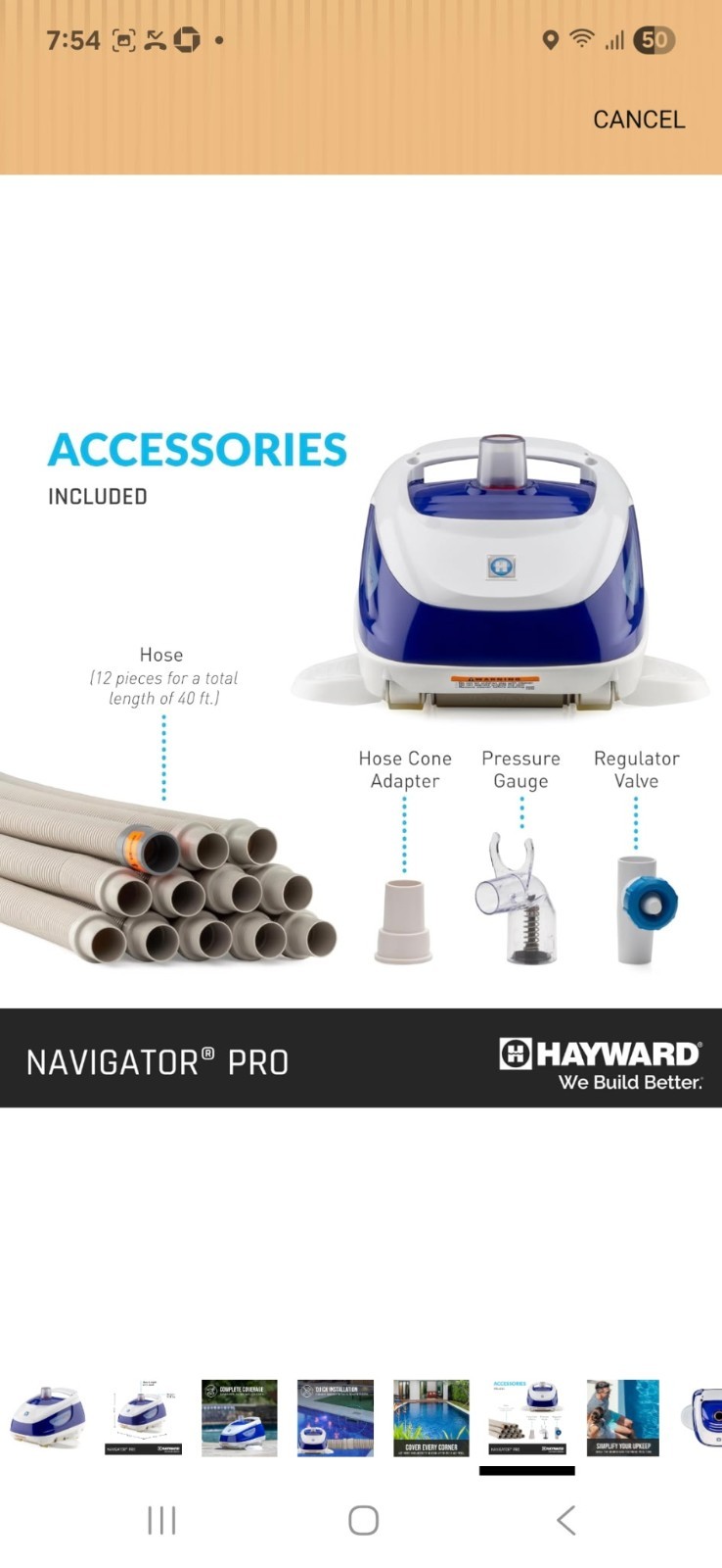 Hayward Navigator Pro Suction Pool Cleaner 40 ft Hose, Adapter, Gauge, Valve