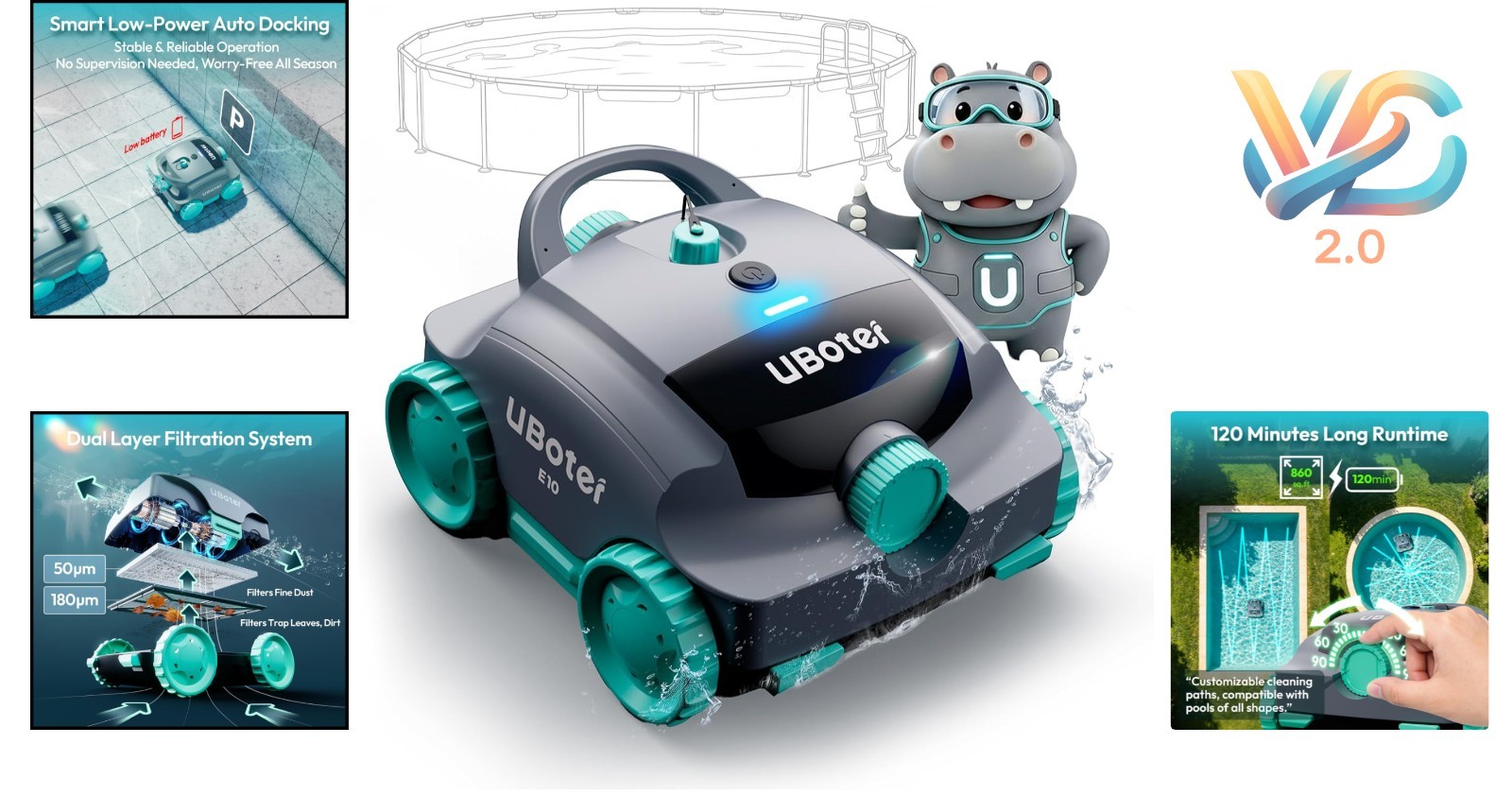 Cordless Robotic Pool Vacuum E10 for Flat-Bottom Pools Up to 860 Sq.Ft