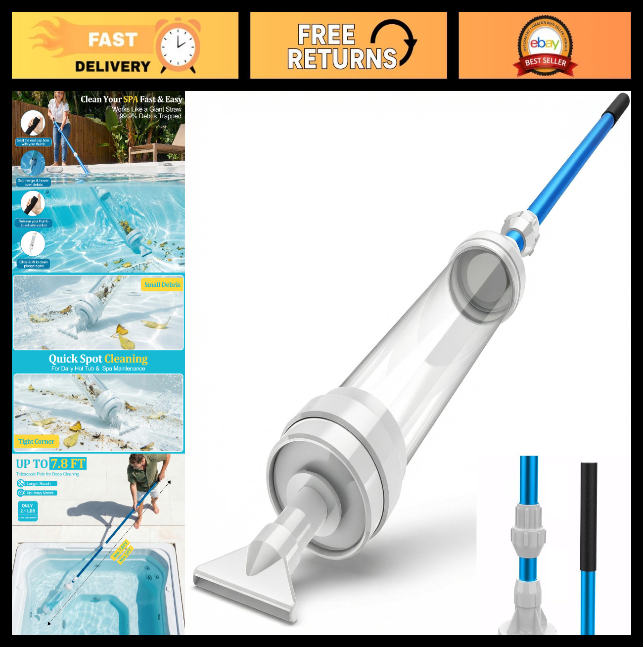 Manual Spa Vacuum for Hot Tub – Water Pressure Cleaner, No Pump or Batteries, Te