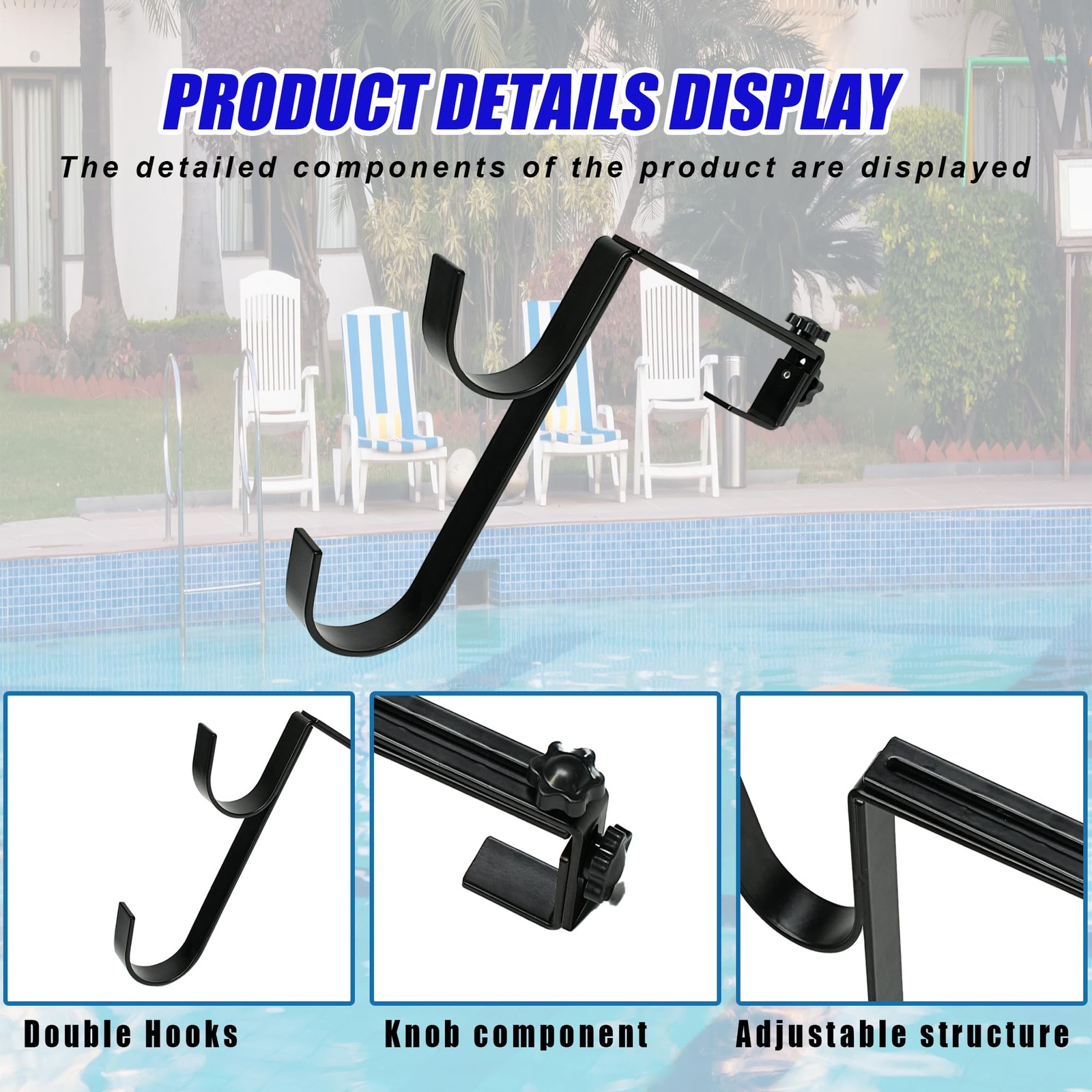 Metal Pool Pole Hangers for Above Ground Pool, Adjustable Double Hooks for Po…