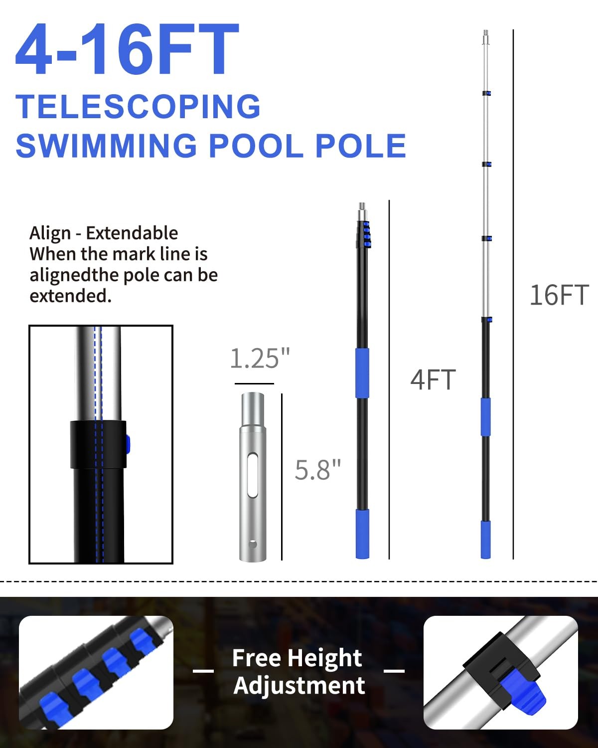 SKGPOLE Swimming Pool Pole, Upgraded 16FT Professional Telescopic Extendable …