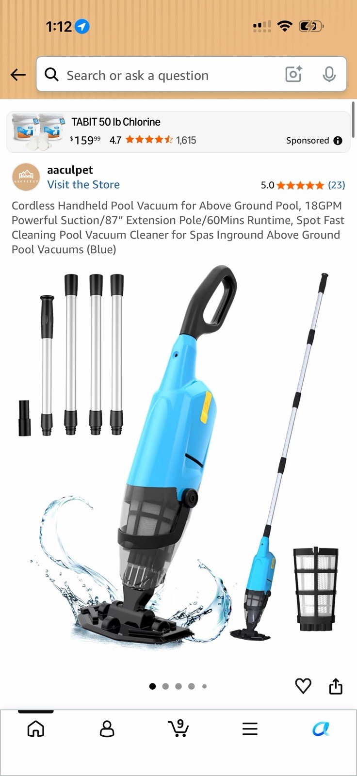 aaculpet Cordless Pool Vacuum 60 Min w/ Extension Pole & Filter Blue/Black