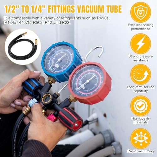 HVAC Refrigerant Charging Vacuum Hose, 6 ft, 800 Psi 1/2&Prime; to 1/4&Prime; Fittings