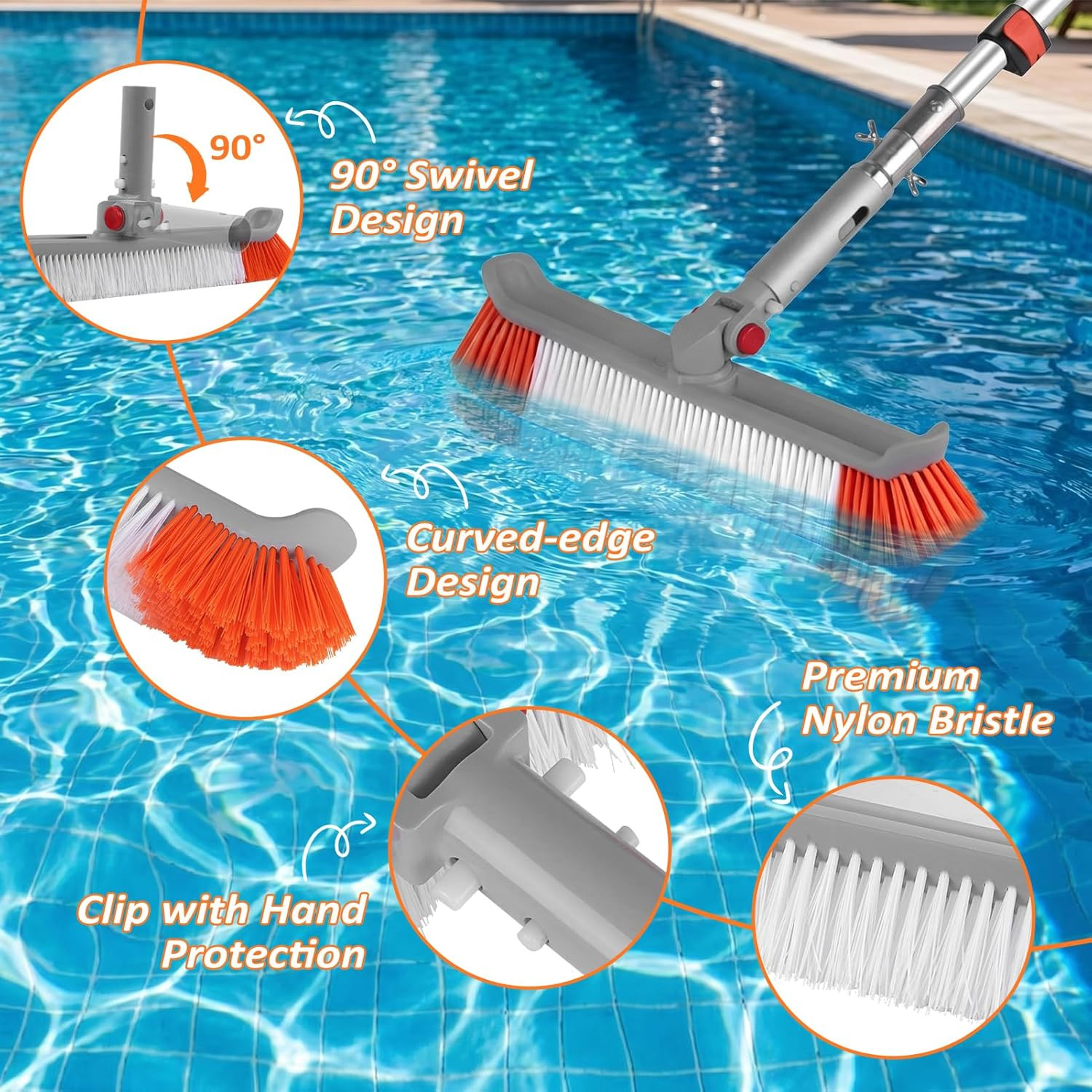 16FT Pool Brush with Pole, 19&Prime; Heavy Duty Swimming Pool Brush with 4-16FT Alumin