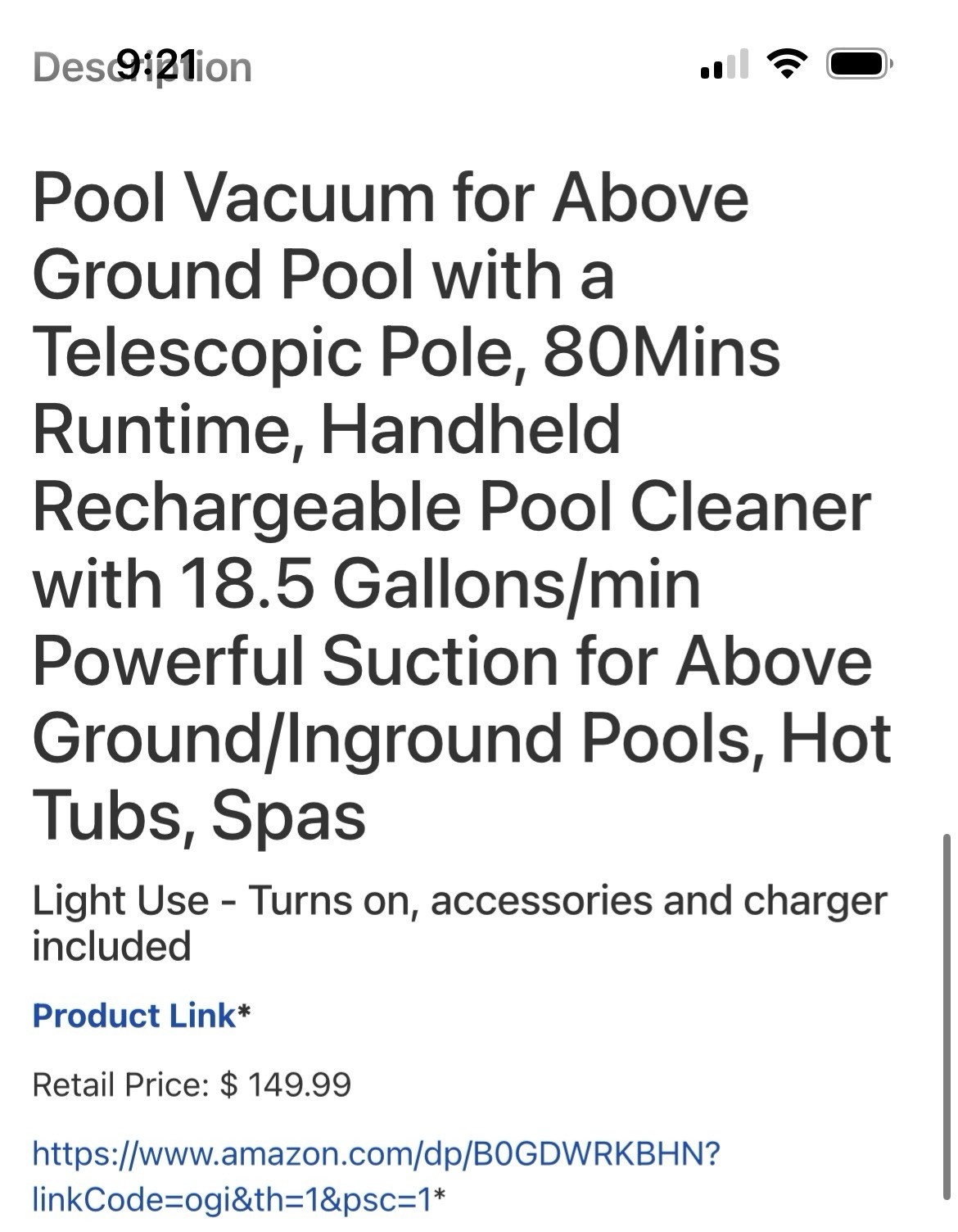 Pool Vacuum Handheld Rechargeable Telescopic Pole 80min 18.5GPM Above/Inground