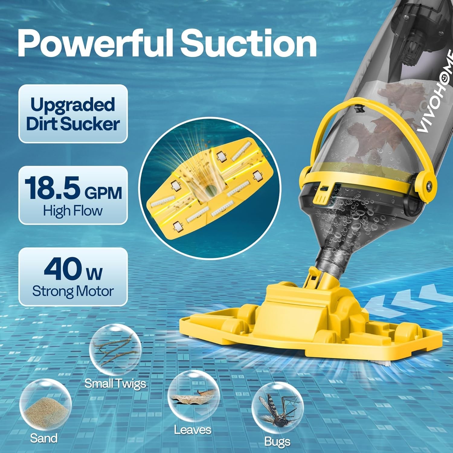 Cordless Pool Vacuum with Telescopic Poles, 18.5 GPM Suction, 60-Minute Batte…