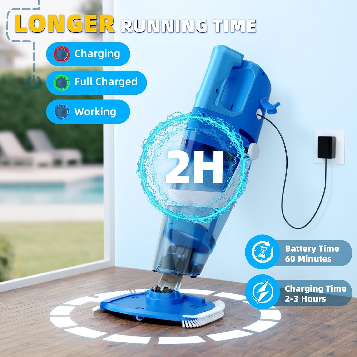 Powerful Cordless Pool Cleaner – Dual Heads, Telescopic , Waterproof Design