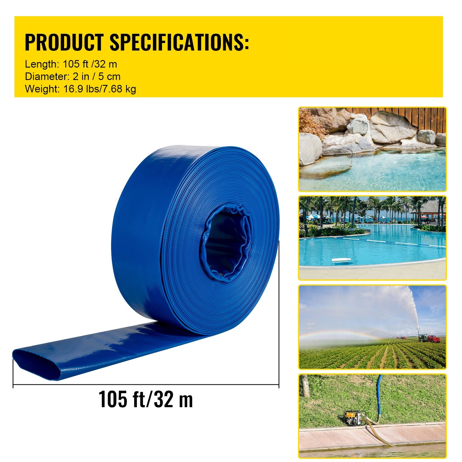 2&Prime;x105&prime;, PVC Fabric Lay Flat Hose, Heavy Duty Backwash Drain Hose