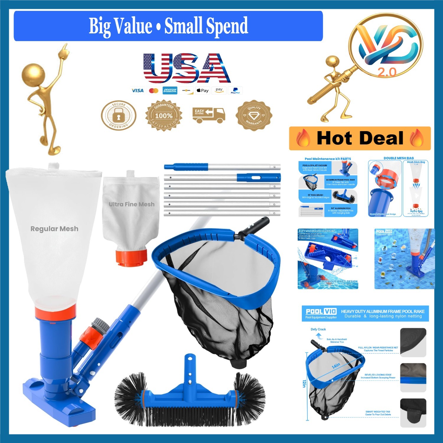 Pool Cleaning Kit with Spa Jet Vacuum, 8-Foot Telescopic Pole, Leaf Rake & Brush